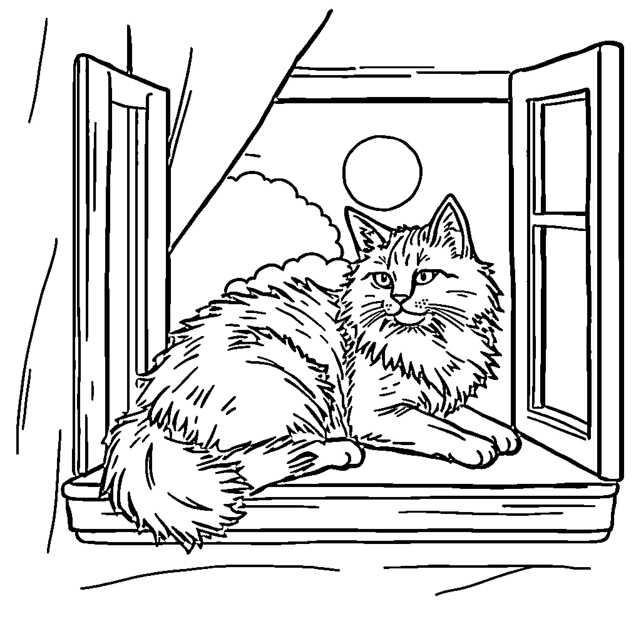 Cat lounging in windowsill with a view Coloring Page (free black-and-white line drawing printable PDF for all, from beginners to advanced learners, including children, teens, adults, and seniors)