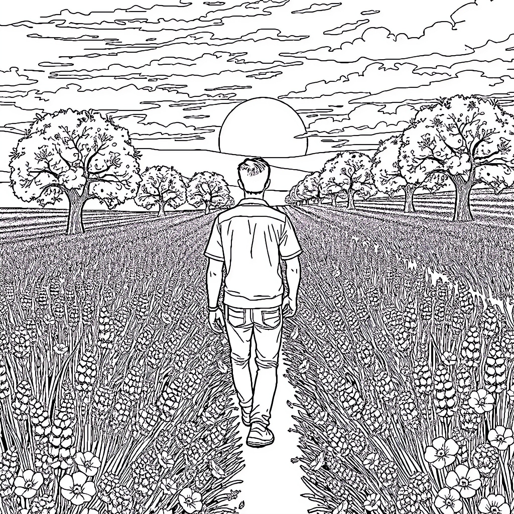 Guy walking through field with trees and sunset Coloring Page (free black-and-white line drawing printable PDF for all, from beginners to advanced learners, including children, teens, adults, and seniors)