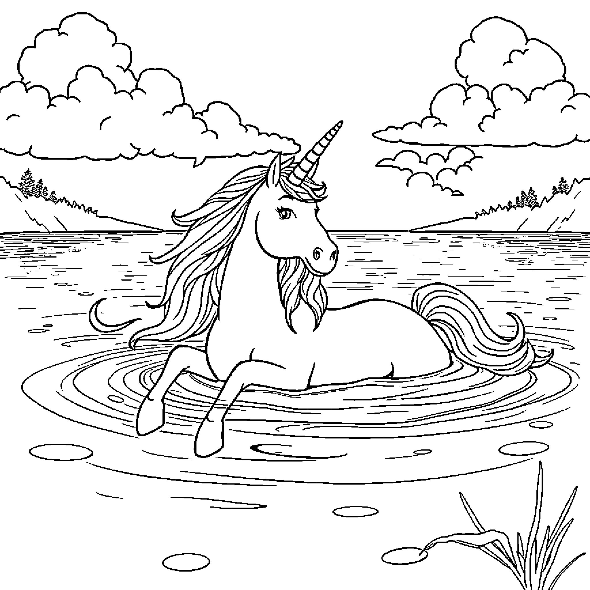 Unicorn floating peacefully in serene waters Coloring Page (free black-and-white line drawing printable PDF for all, from beginners to advanced learners, including children, teens, adults, and seniors)