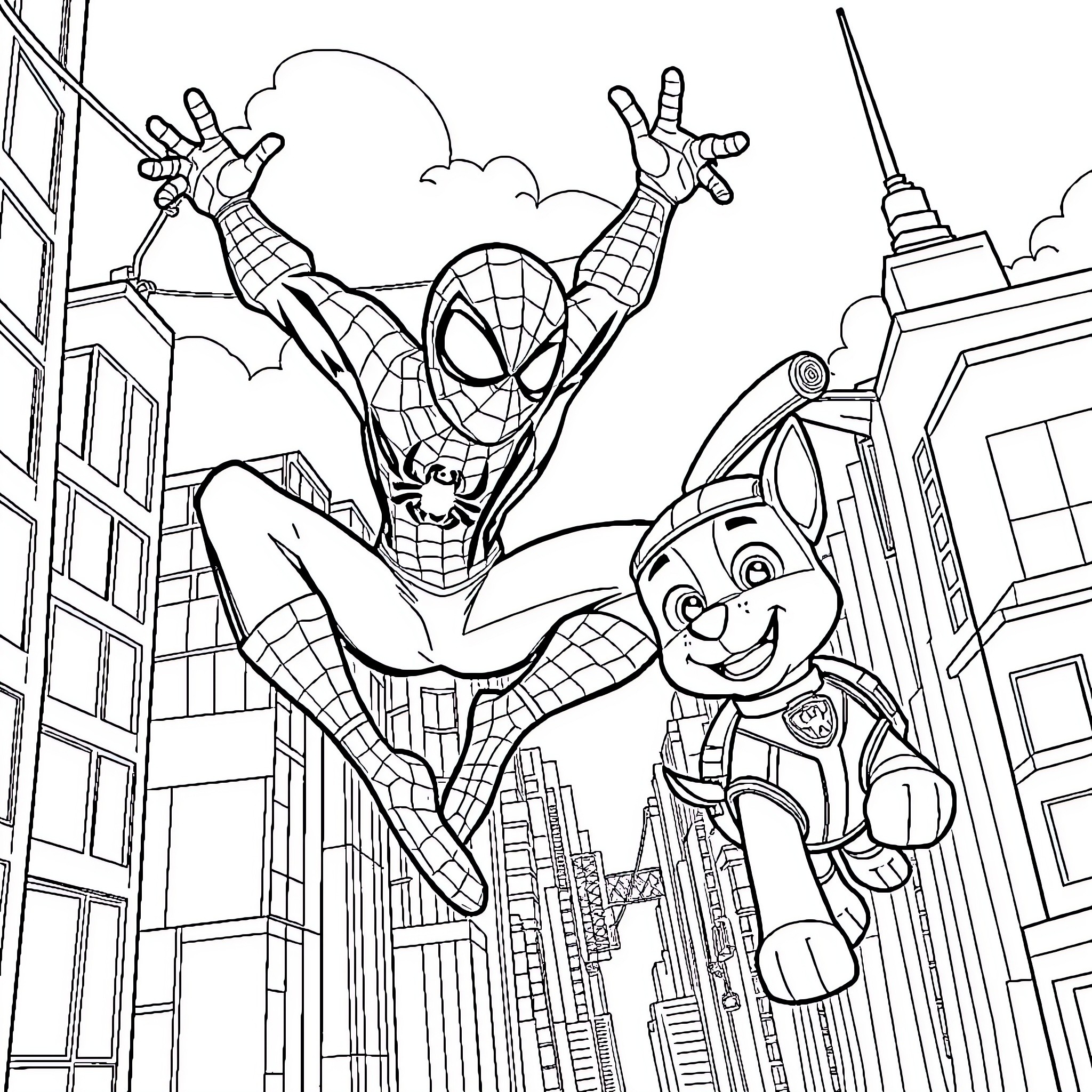 Spiderman swinging with excitement through the city Coloring Page (free black-and-white line drawing printable PDF for all, from beginners to advanced learners, including children, teens, adults, and seniors)