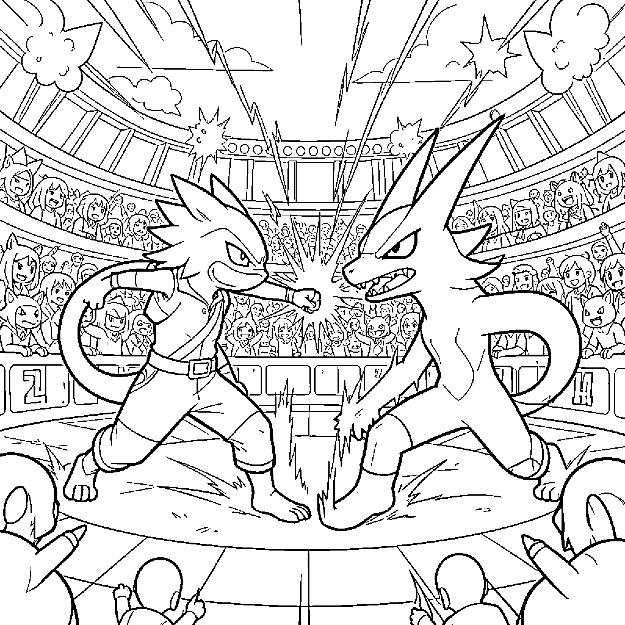 Pokémon Fierce Battle in the Arena Coloring Page (free black-and-white line drawing printable PDF for all, from beginners to advanced learners, including children, teens, adults, and seniors)