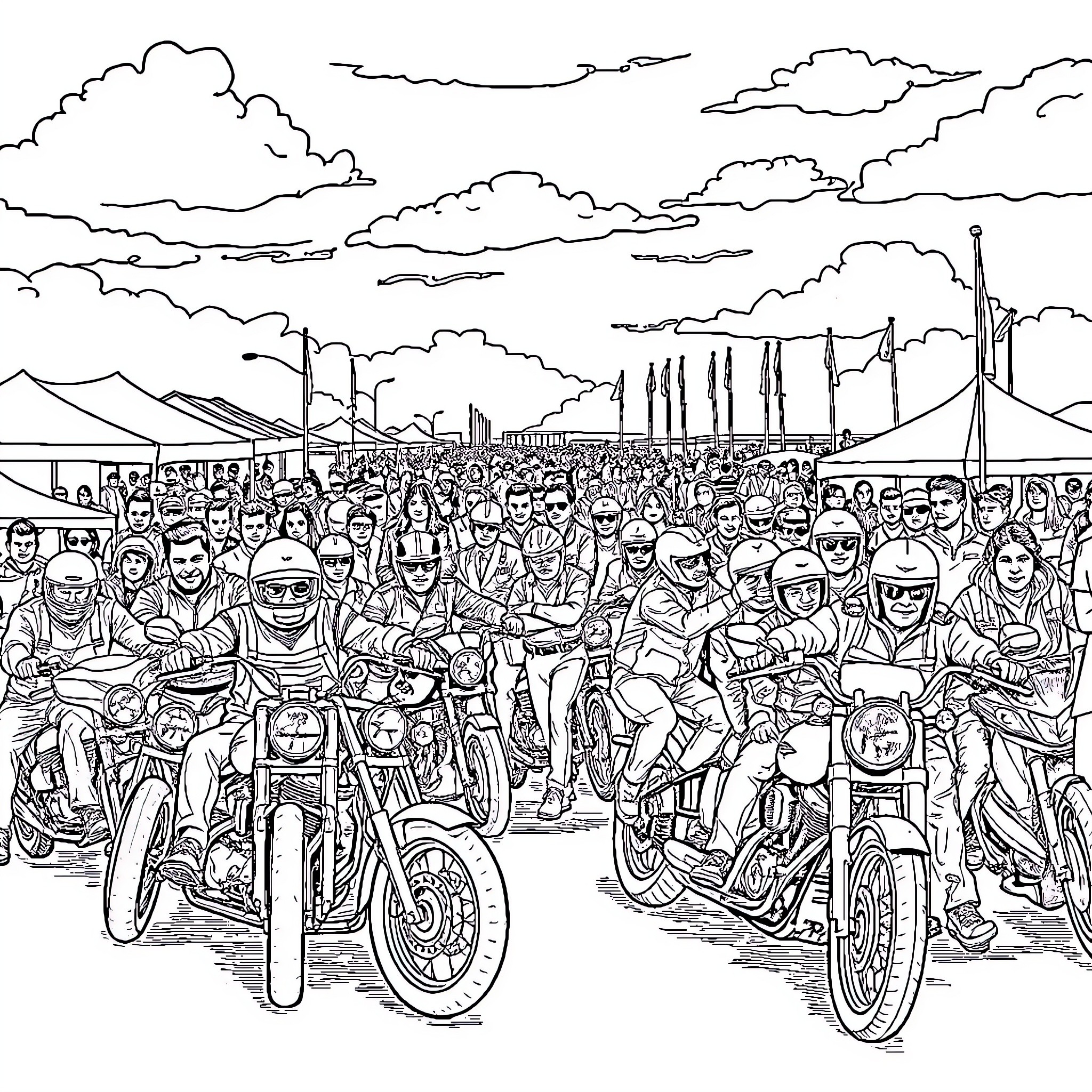 Biker rally with crowds and motorcycles Coloring Page (free black-and-white line drawing printable PDF for all, from beginners to advanced learners, including children, teens, adults, and seniors)