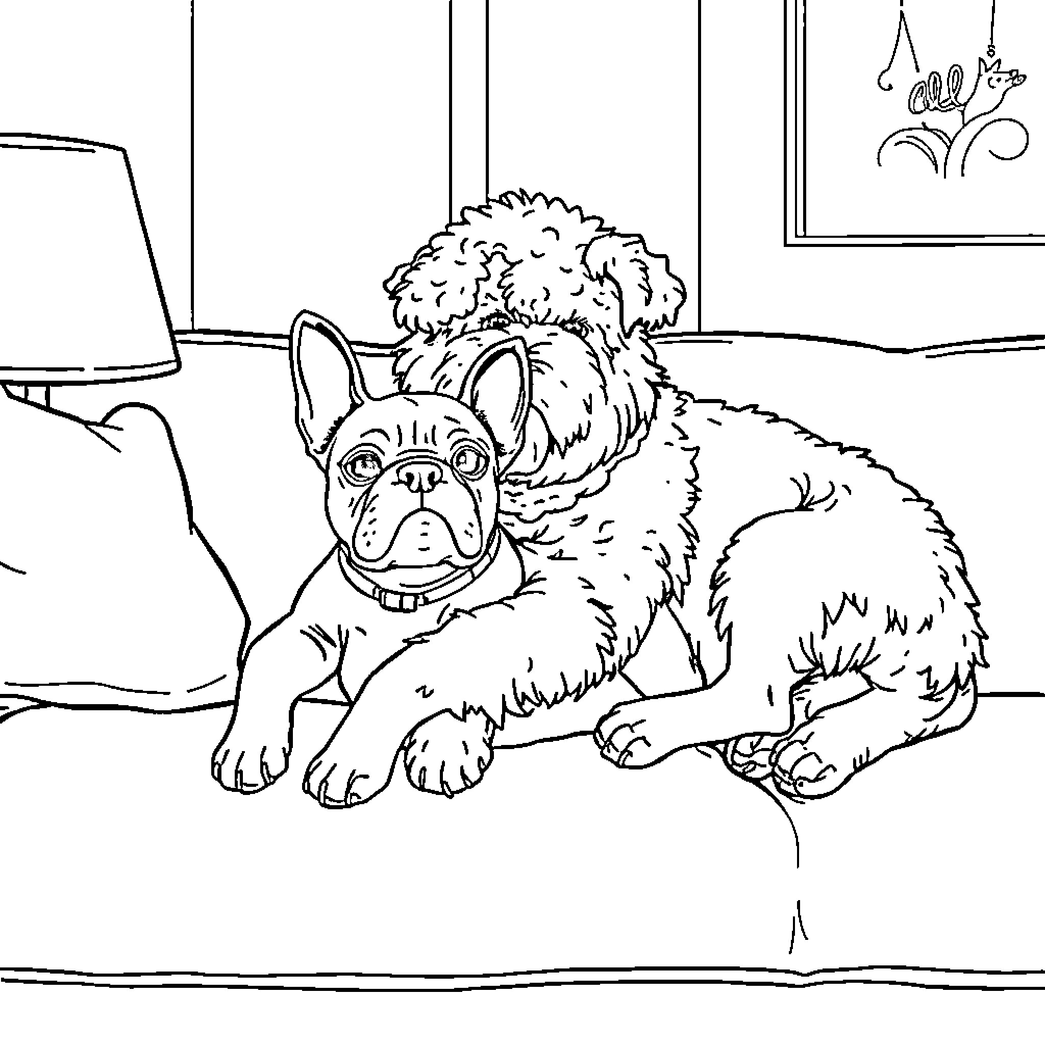 Dog resting comfortably in the living room Coloring Page (free black-and-white line drawing printable PDF for all, from beginners to advanced learners, including children, teens, adults, and seniors)