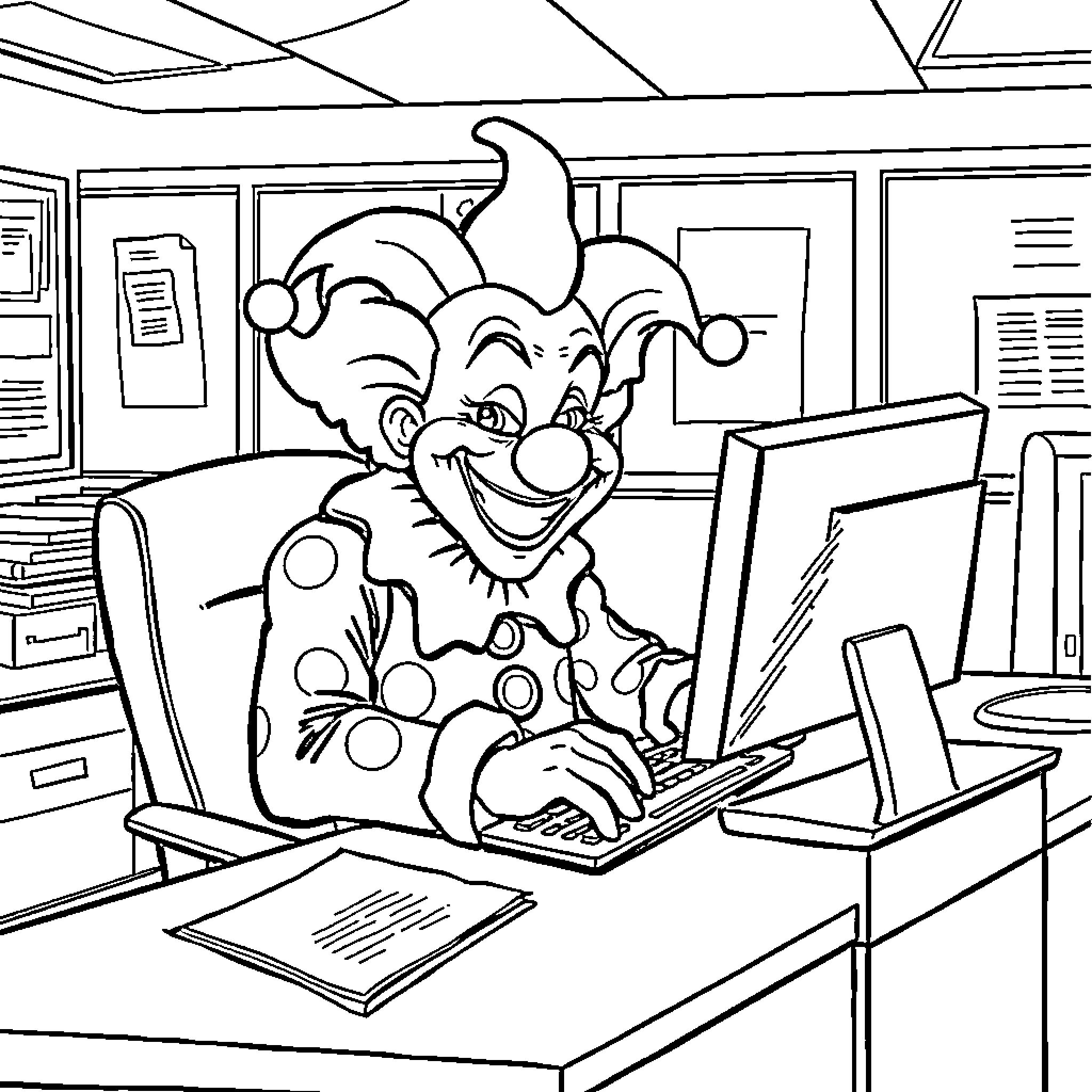 Clown Working Happily at Computer in Office Coloring Page (free black-and-white line drawing printable PDF for all, from beginners to advanced learners, including children, teens, adults, and seniors)