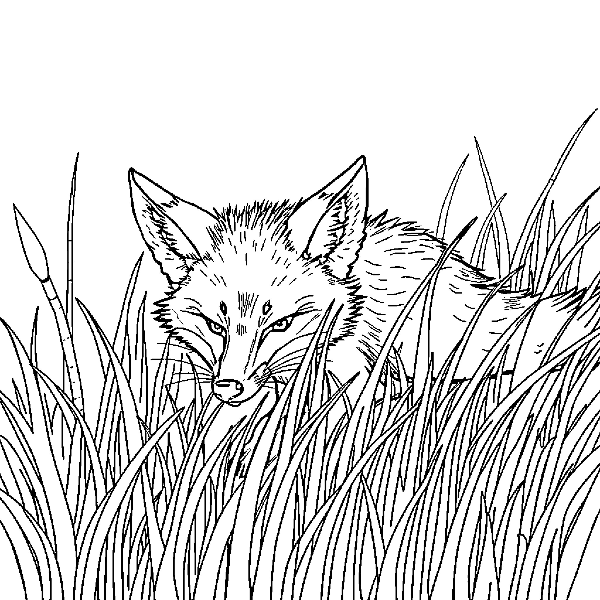 Fox peeking through the tall grass Coloring Page (free black-and-white line drawing printable PDF for all, from beginners to advanced learners, including children, teens, adults, and seniors)