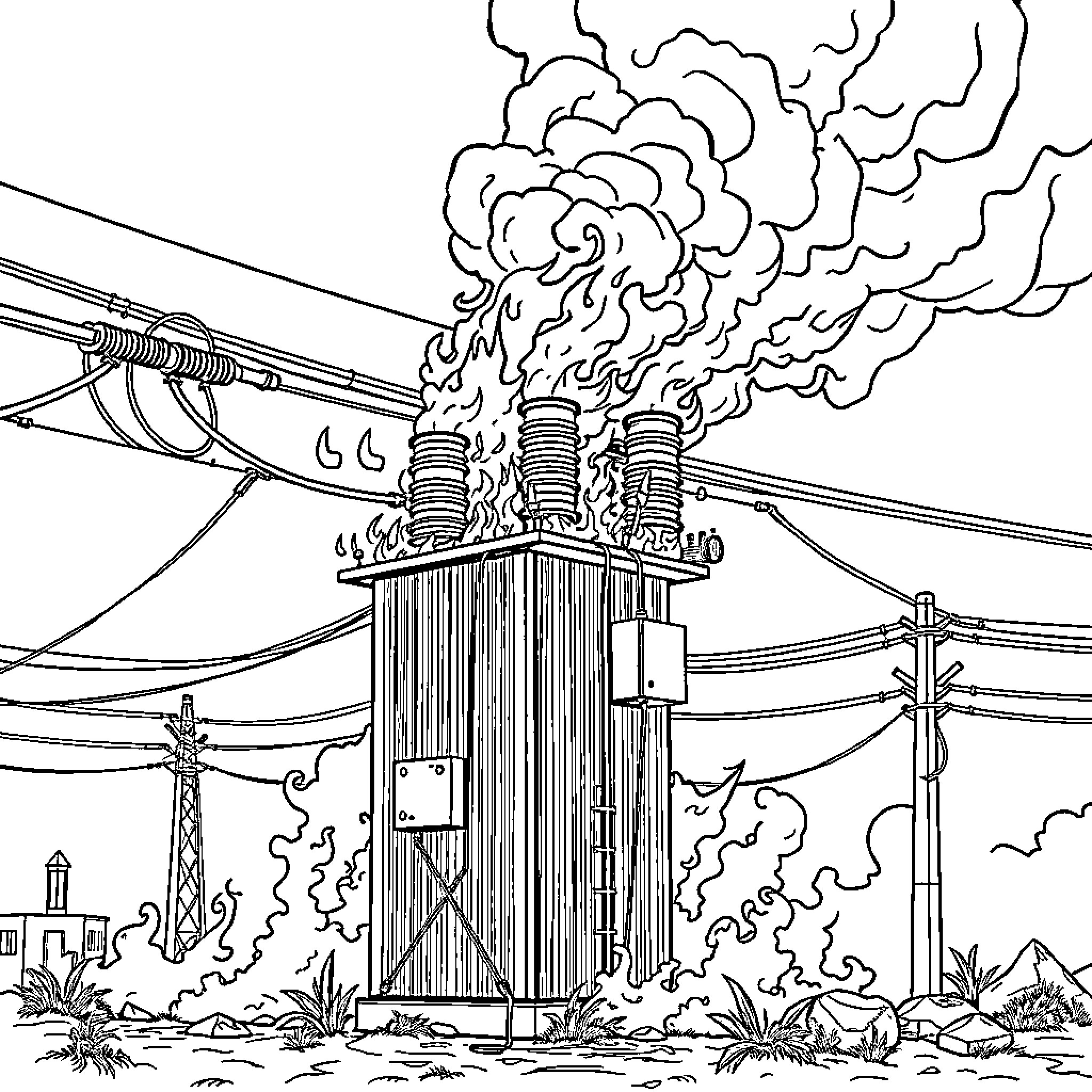 Transformer power line explosion in rural landscape Coloring Page (free black-and-white line drawing printable PDF for all, from beginners to advanced learners, including children, teens, adults, and seniors)
