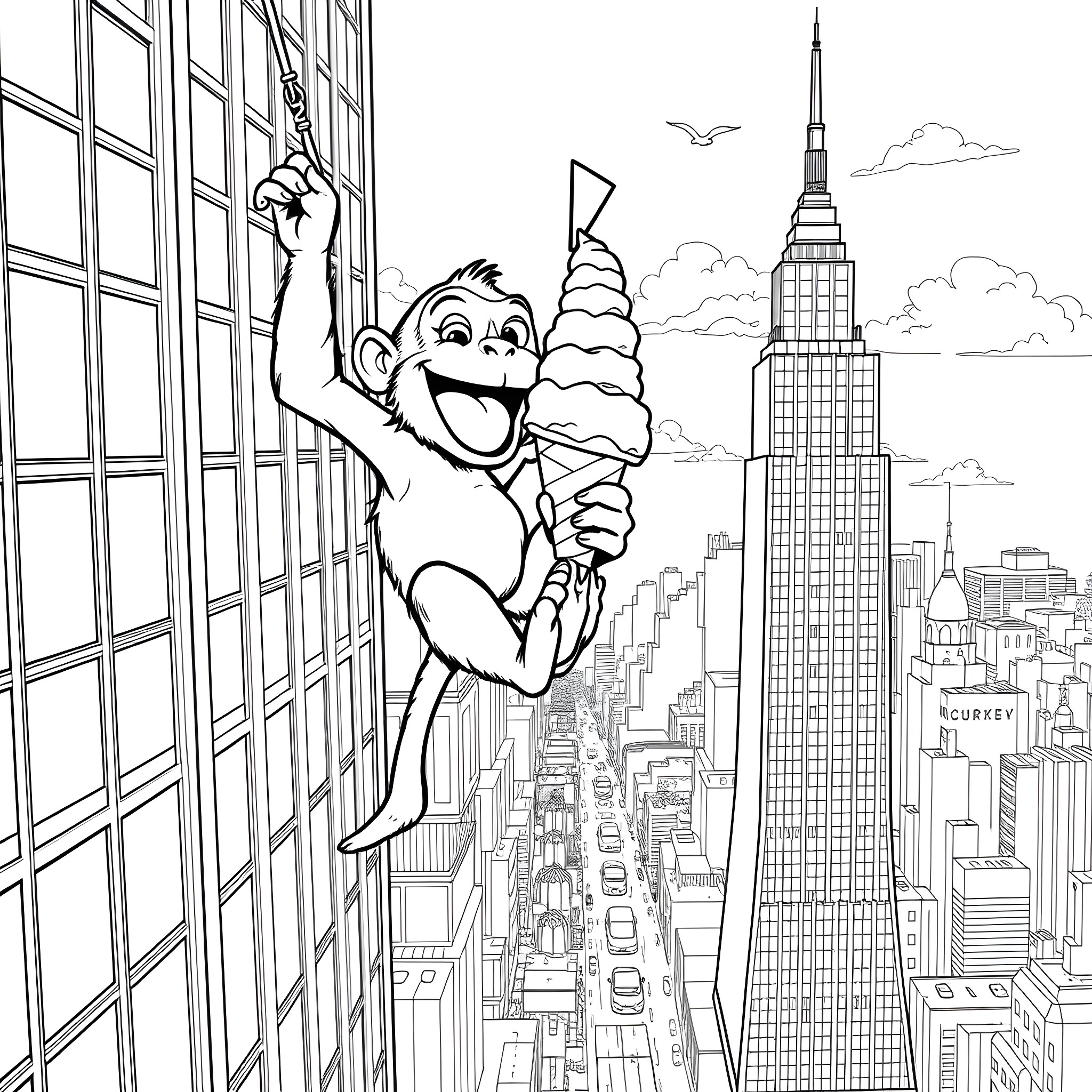 Monkey enjoying an ice cream cone on a skyscraper ledge Coloring Page (free black-and-white line drawing printable PDF for all, from beginners to advanced learners, including children, teens, adults, and seniors)