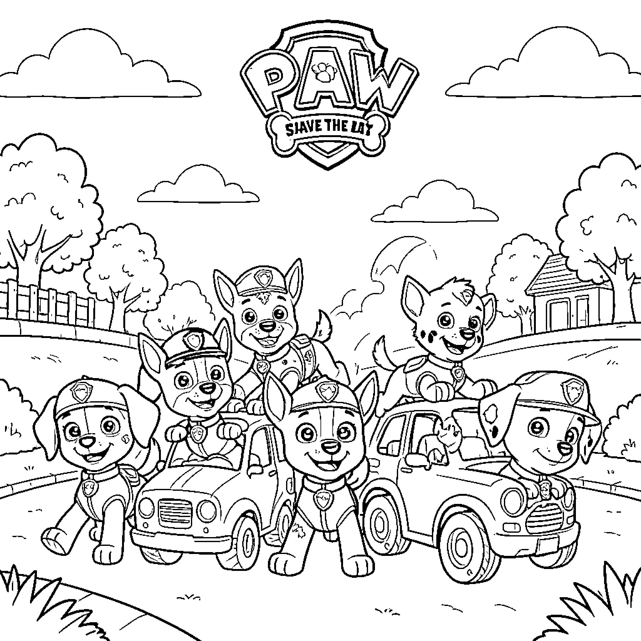 Paw Patrol pups riding vehicles and smiling happily Coloring Page (free black-and-white line drawing printable PDF for all, from beginners to advanced learners, including children, teens, adults, and seniors)