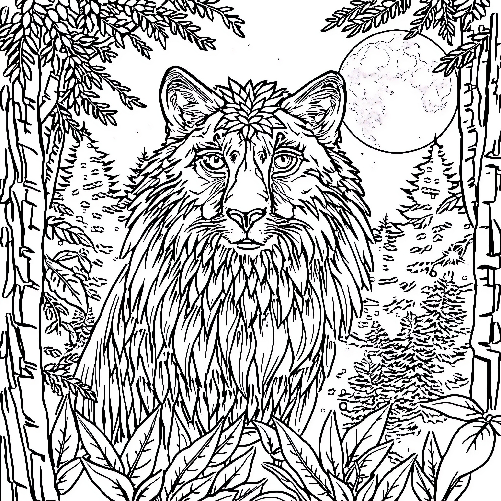 Wolf gazing intently in moonlit forest scene Coloring Page (free black-and-white line drawing printable PDF for all, from beginners to advanced learners, including children, teens, adults, and seniors)