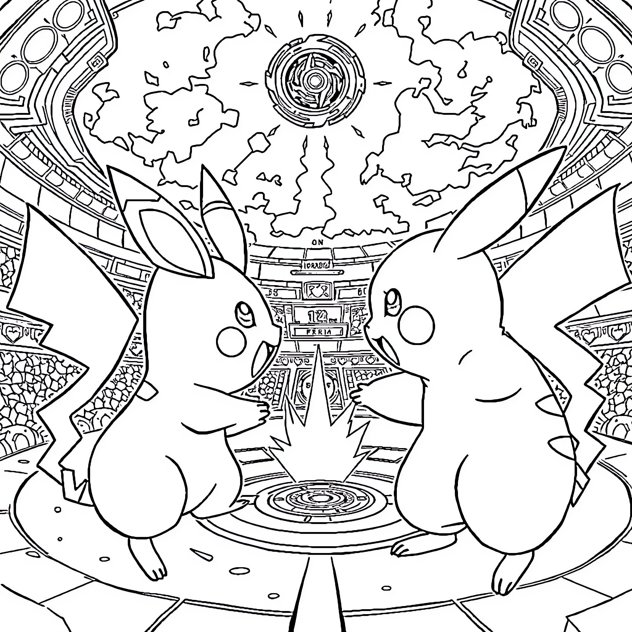 Pikachu and Friends in Fantastical World Coloring Page (free black-and-white line drawing printable PDF for all, from beginners to advanced learners, including children, teens, adults, and seniors)