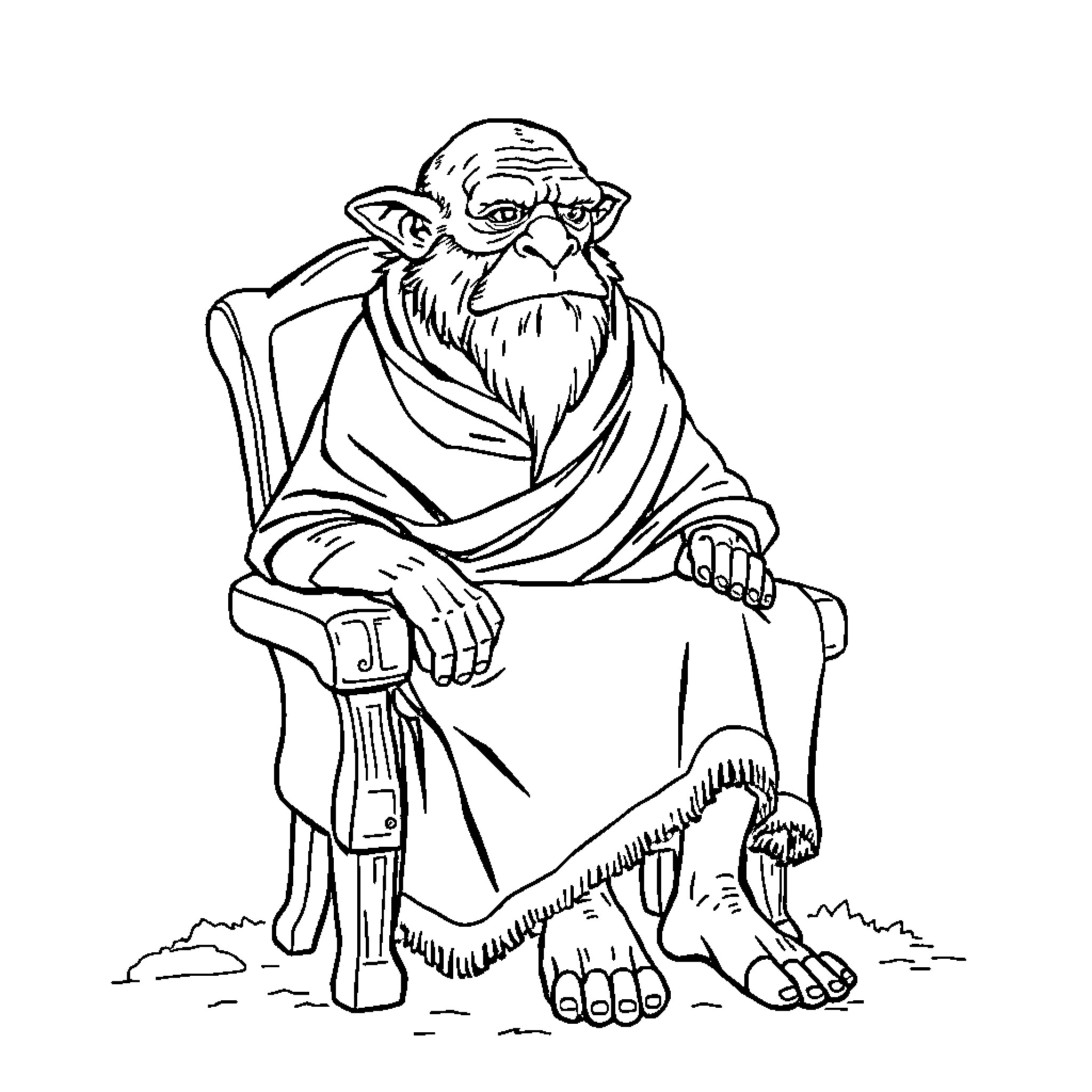 Elder sitting and gazing thoughtfully in contemplation Coloring Page (free black-and-white line drawing printable PDF for all, from beginners to advanced learners, including children, teens, adults, and seniors)