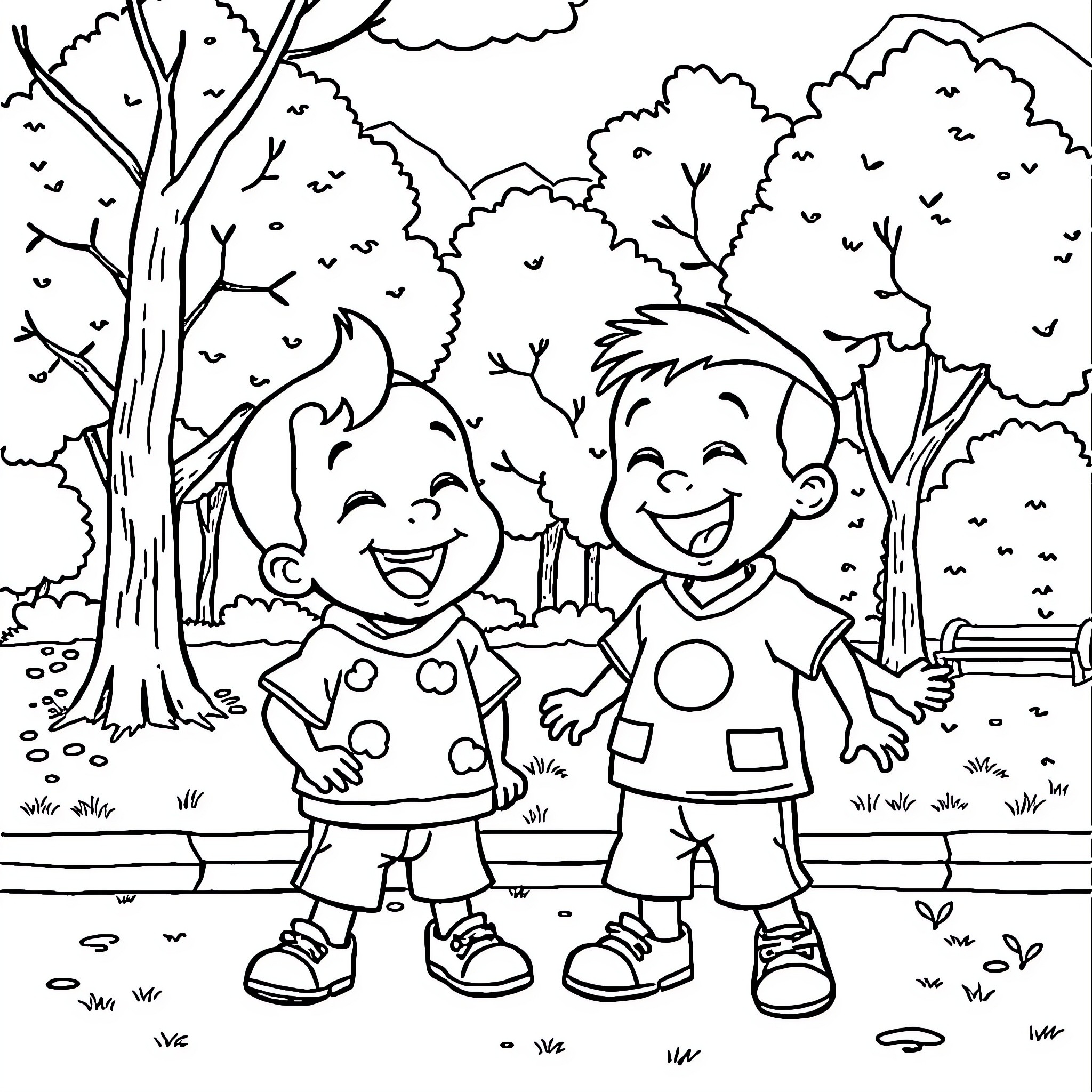 Upin Ipin playing happily in the park Coloring Page (free black-and-white line drawing printable PDF for all, from beginners to advanced learners, including children, teens, adults, and seniors)