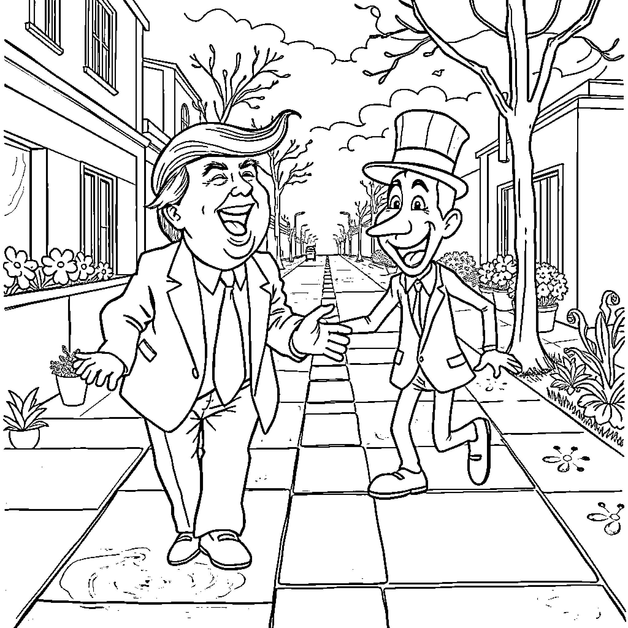 Donald Trump and Companion in Cheerful Street Scene Coloring Page (free black-and-white line drawing printable PDF for all, from beginners to advanced learners, including children, teens, adults, and seniors)