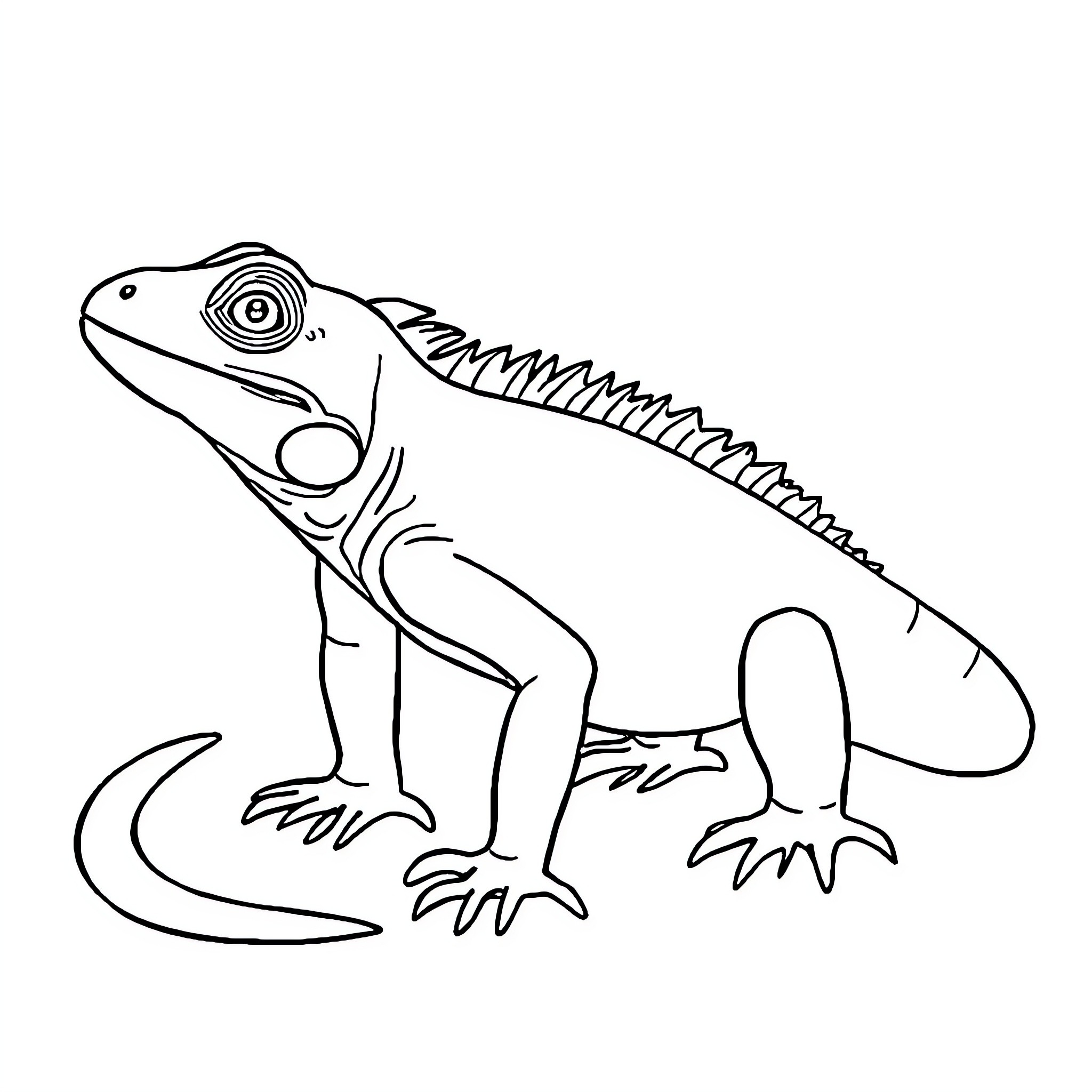Iguana striking a pose Coloring Page (free black-and-white line drawing printable PDF for all, from beginners to advanced learners, including children, teens, adults, and seniors)