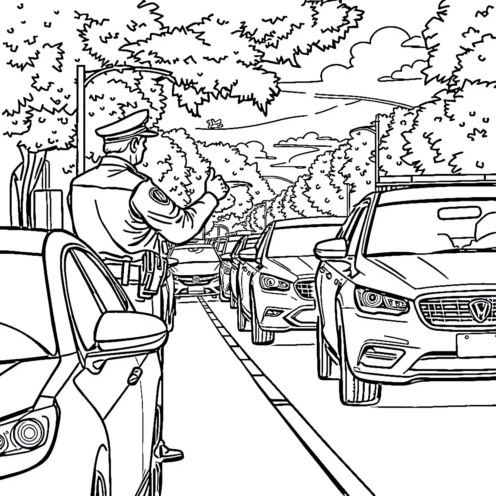 Police directing traffic on a busy road Coloring Page (free black-and-white line drawing printable PDF for all, from beginners to advanced learners, including children, teens, adults, and seniors)