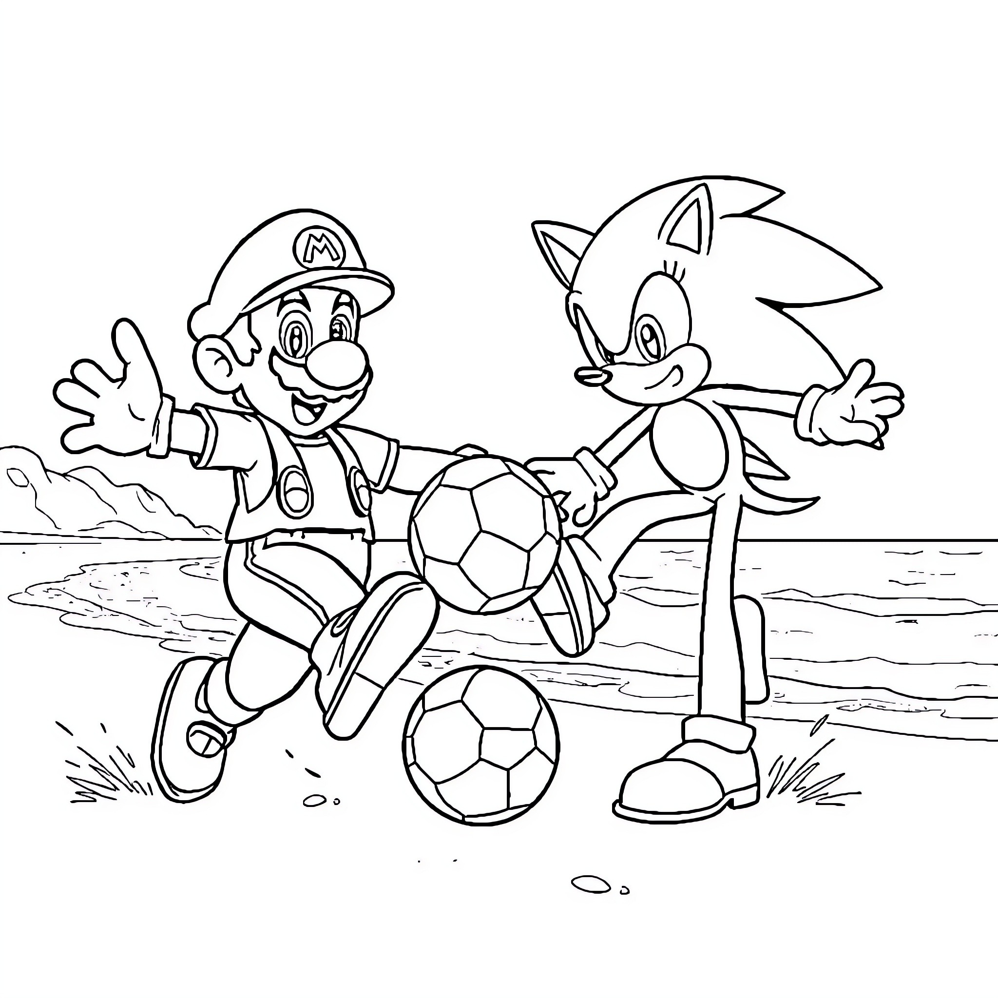Mario and Sonic playing soccer together Coloring Page (free black-and-white line drawing printable PDF for all, from beginners to advanced learners, including children, teens, adults, and seniors)
