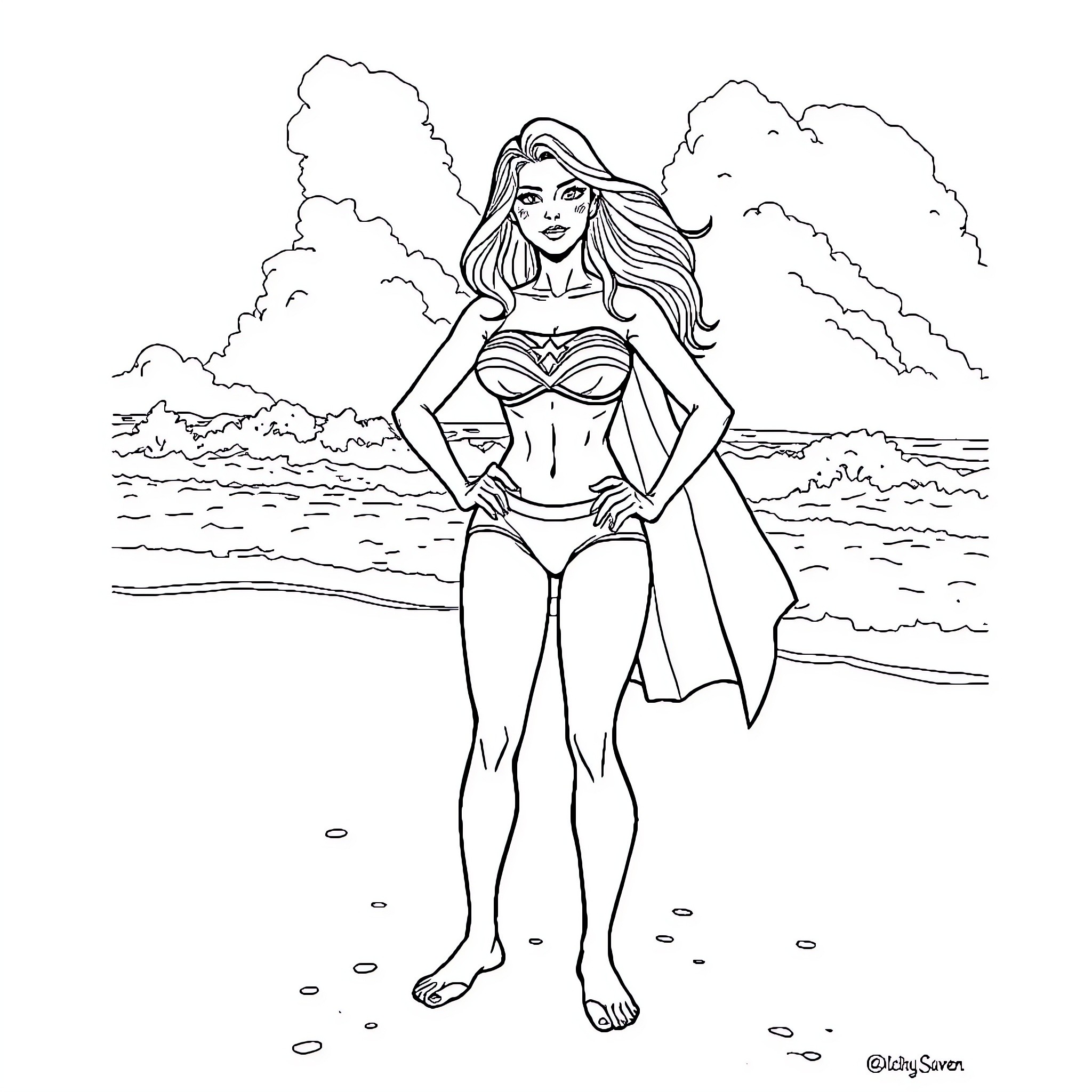 Supergirl standing confidently on the beach Coloring Page (free black-and-white line drawing printable PDF for all, from beginners to advanced learners, including children, teens, adults, and seniors)