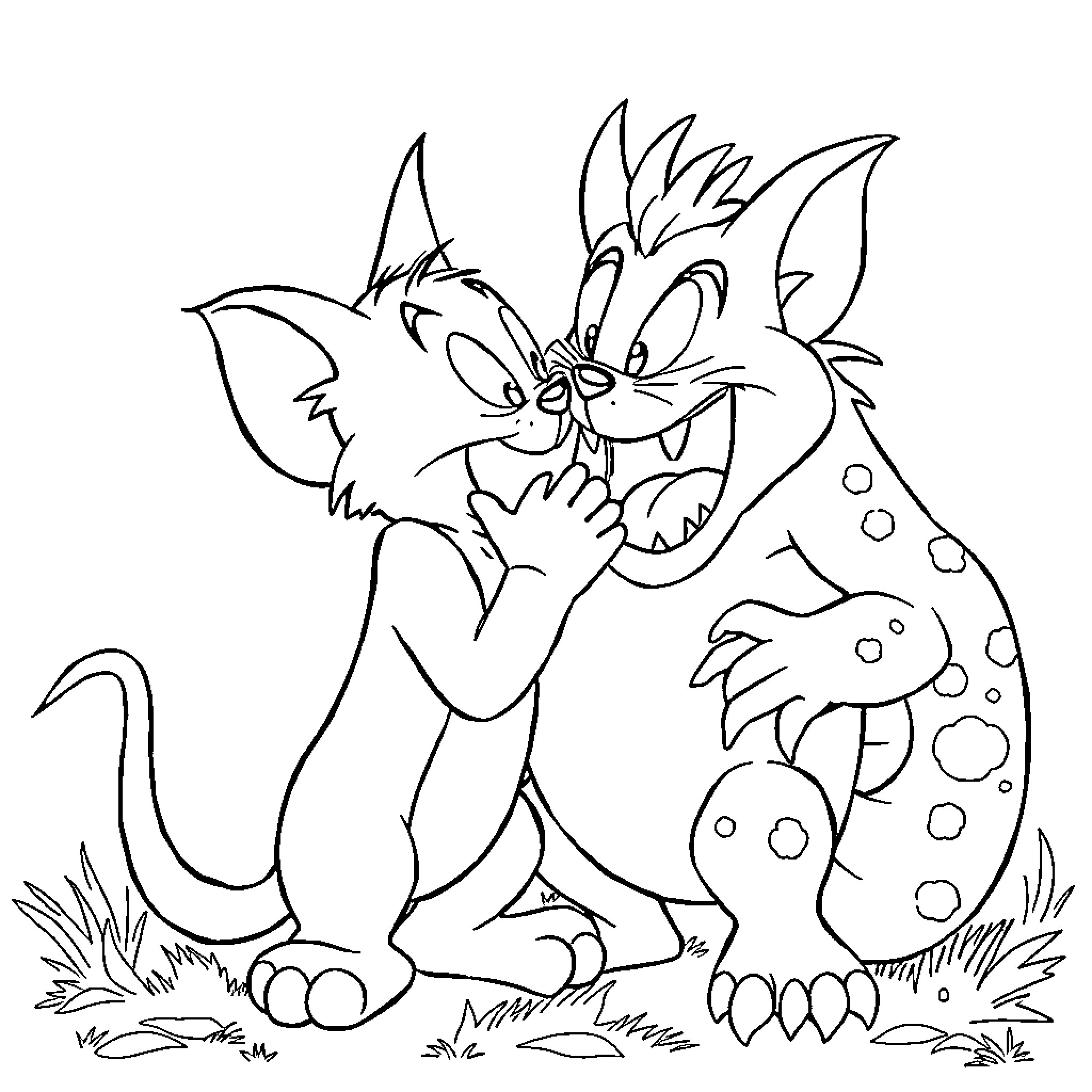 Tom and Jerry in a playful standoff Coloring Page (free black-and-white line drawing printable PDF for all, from beginners to advanced learners, including children, teens, adults, and seniors)