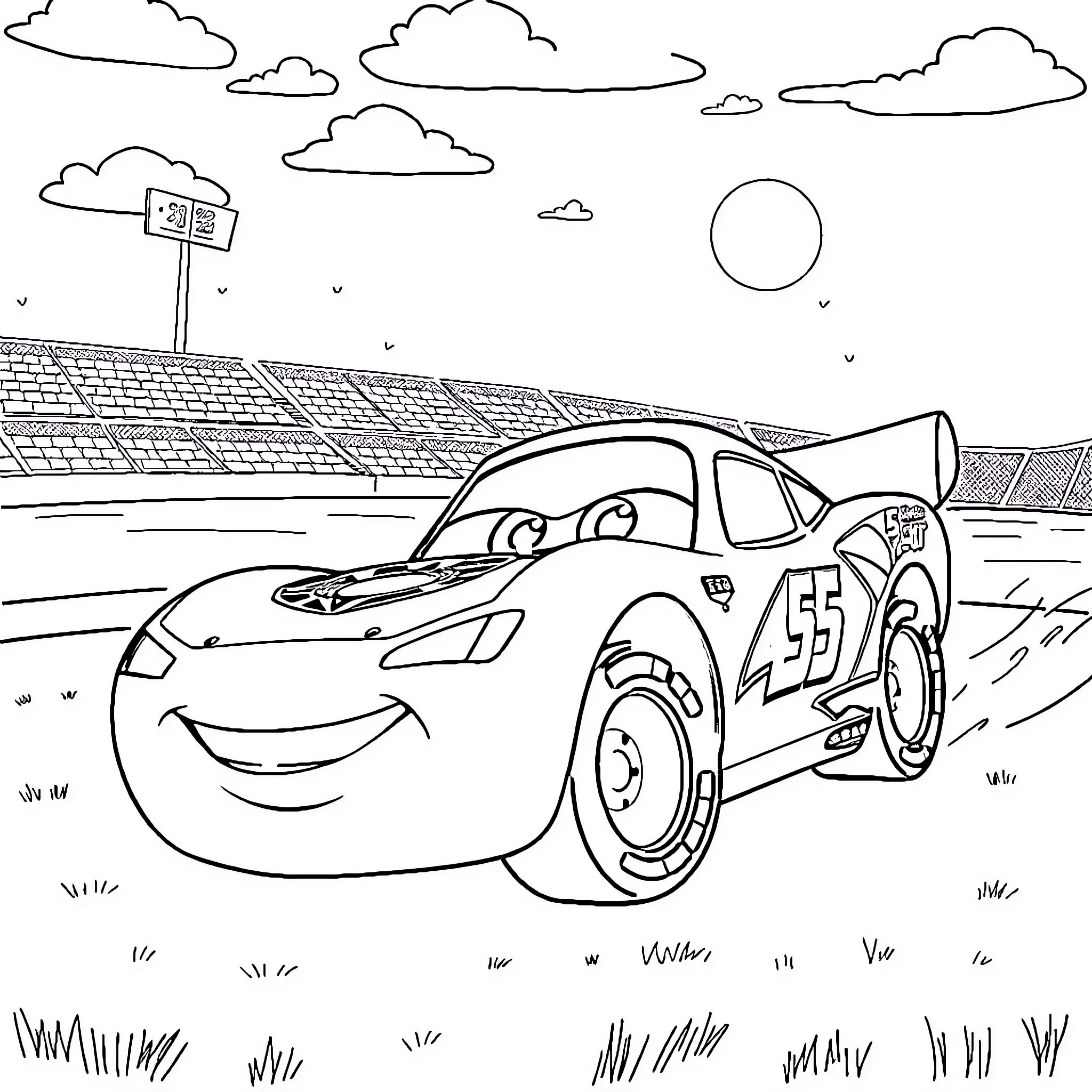 Lightning McQueen racing on the track Coloring Page (free black-and-white line drawing printable PDF for all, from beginners to advanced learners, including children, teens, adults, and seniors)