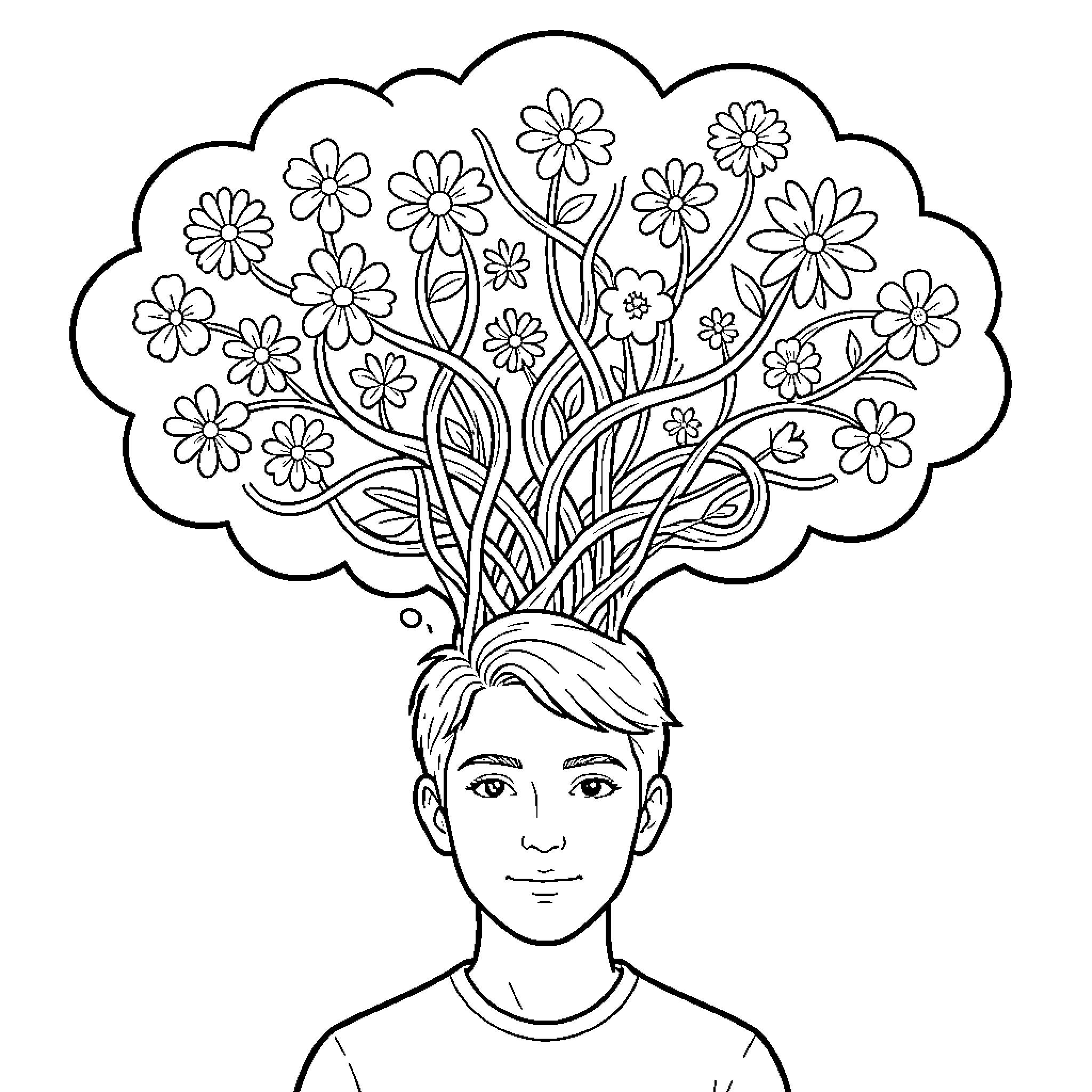 Thought Cloud of Blooming Flowers in a Person's Mind Coloring Page (free black-and-white line drawing printable PDF for all, from beginners to advanced learners, including children, teens, adults, and seniors)