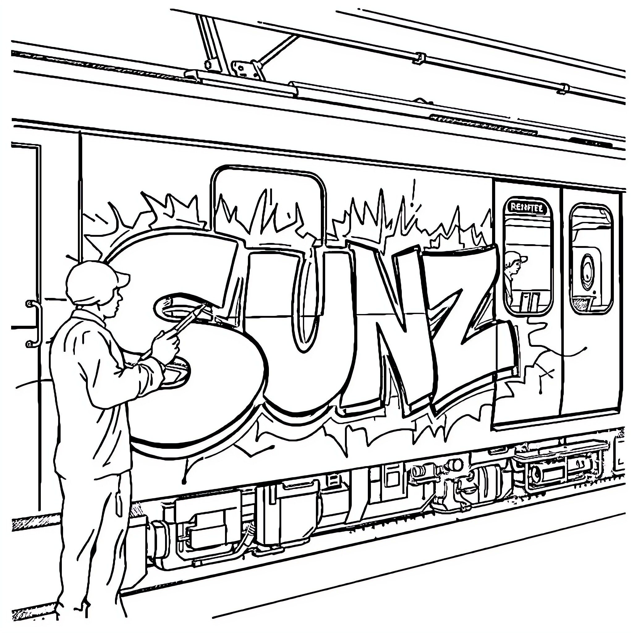 Graffiti artist painting a mural on a train Coloring Page (free black-and-white line drawing printable PDF for all, from beginners to advanced learners, including children, teens, adults, and seniors)