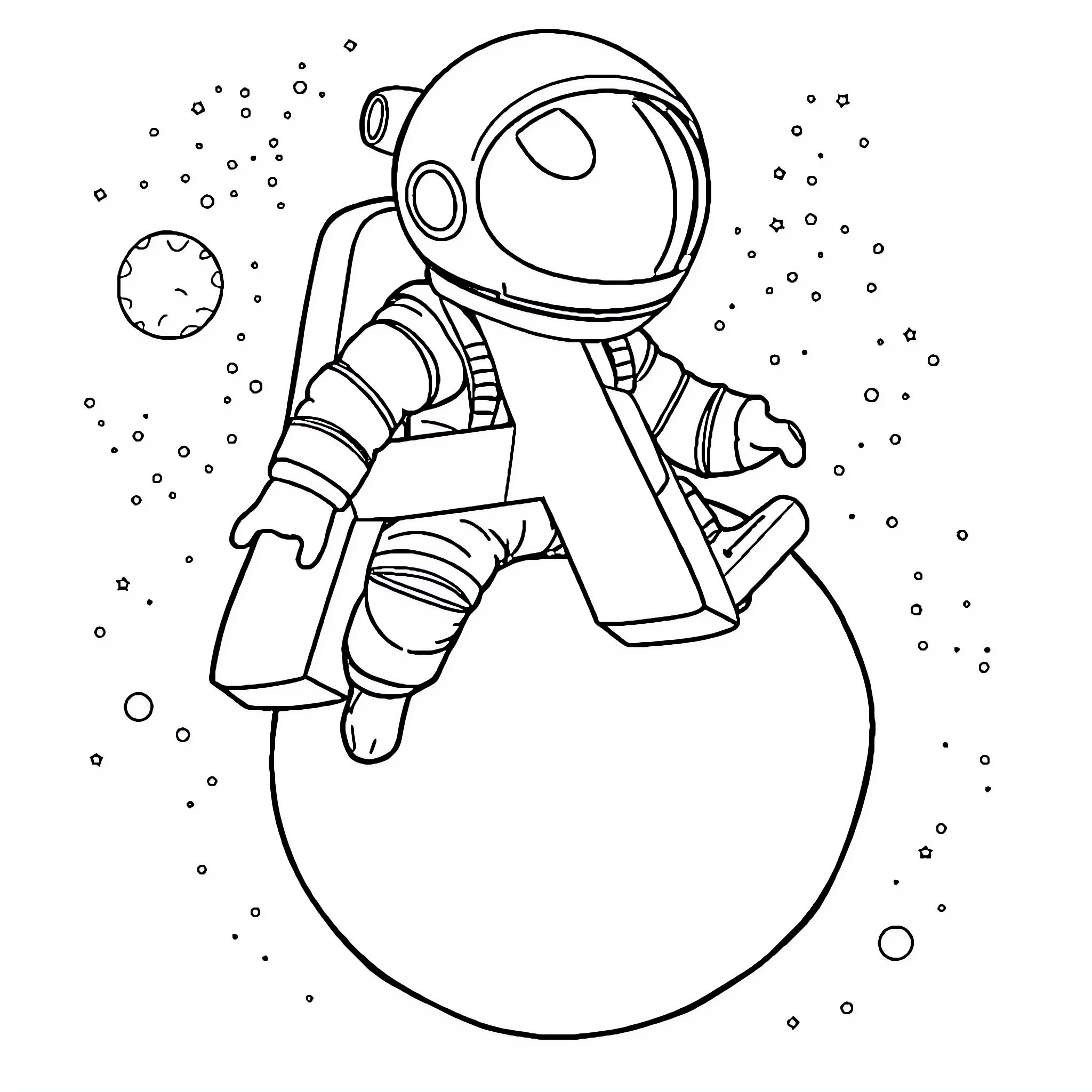 Letter A: Astronaut floating in space Coloring Page (free black-and-white line drawing printable PDF for all, from beginners to advanced learners, including children, teens, adults, and seniors)