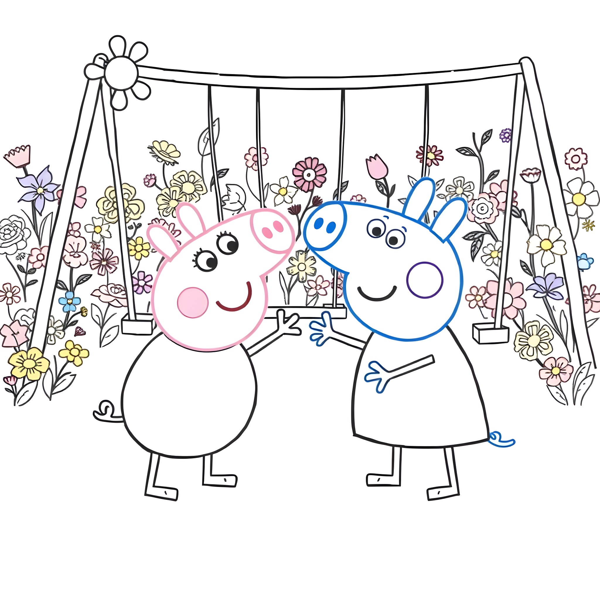 Bluey and friends playing on the swing set Coloring Page (free black-and-white line drawing printable PDF for all, from beginners to advanced learners, including children, teens, adults, and seniors)