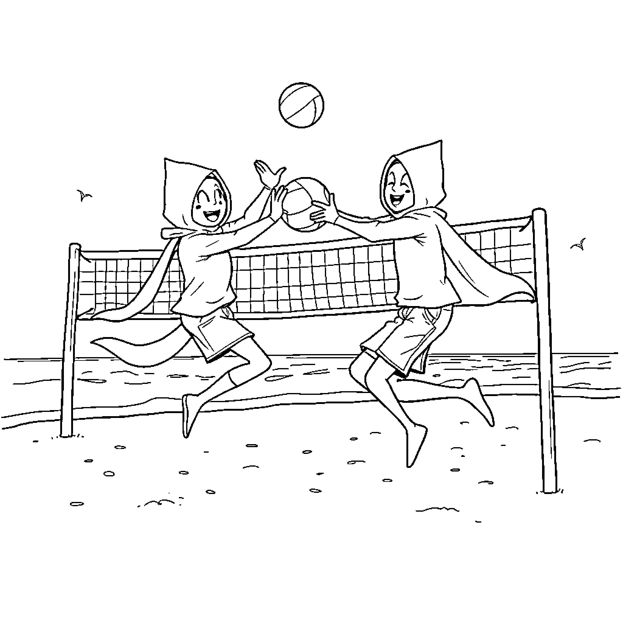 Hood Playing Beach Volleyball Together Coloring Page (free black-and-white line drawing printable PDF for all, from beginners to advanced learners, including children, teens, adults, and seniors)