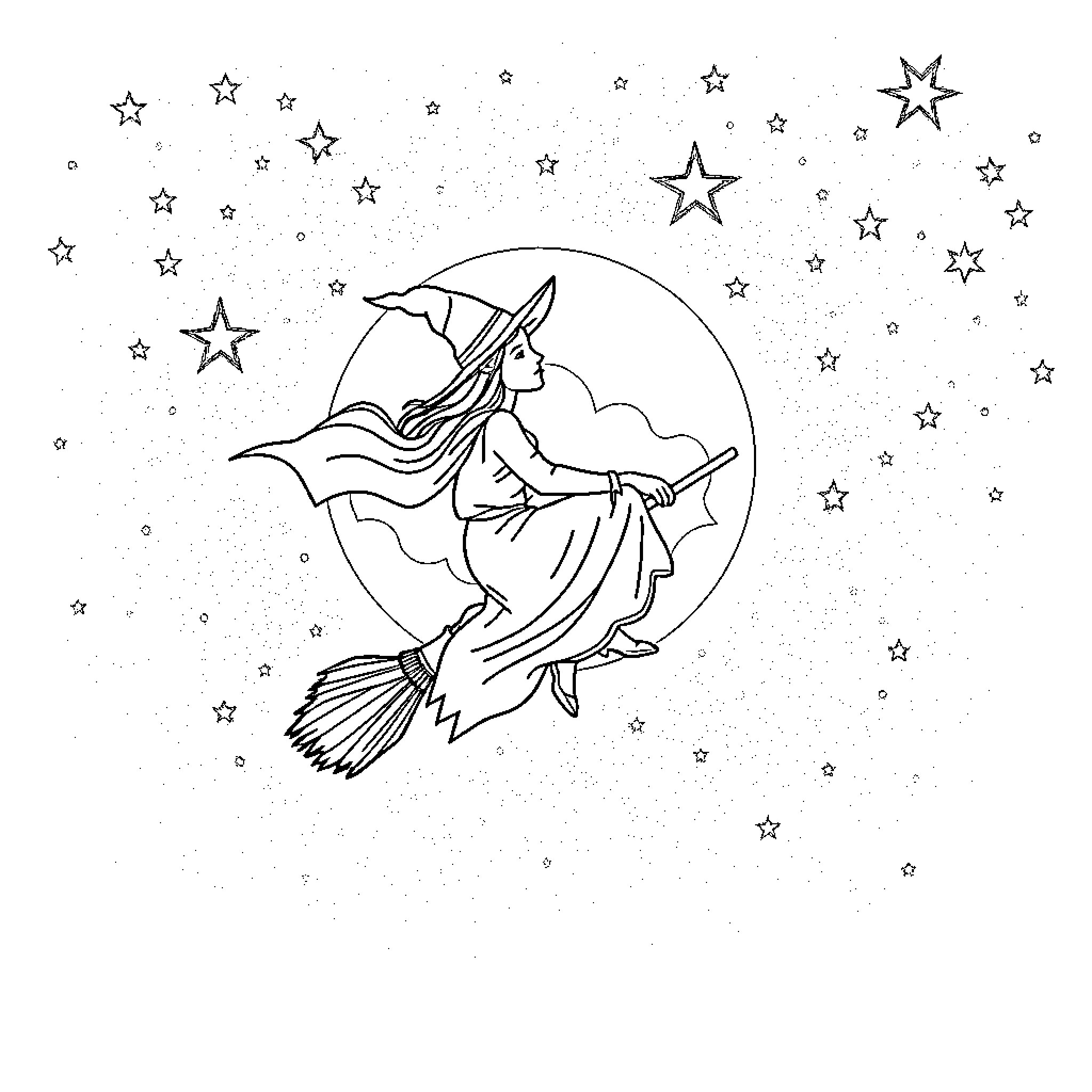 Witch soaring on broomstick under starry night sky Coloring Page (free black-and-white line drawing printable PDF for all, from beginners to advanced learners, including children, teens, adults, and seniors)