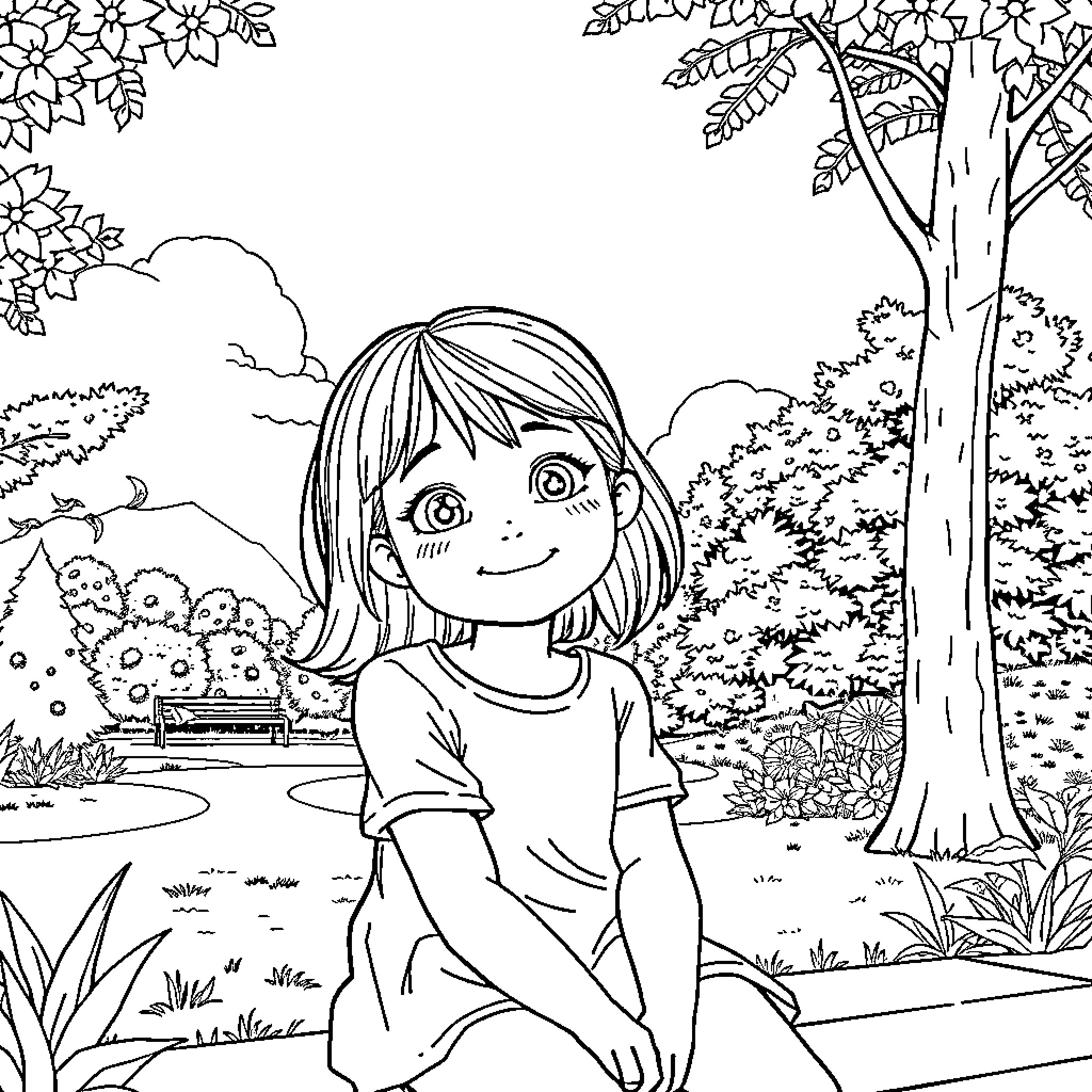 Aml girl exploring nature's beauty in the park Coloring Page (free black-and-white line drawing printable PDF for all, from beginners to advanced learners, including children, teens, adults, and seniors)