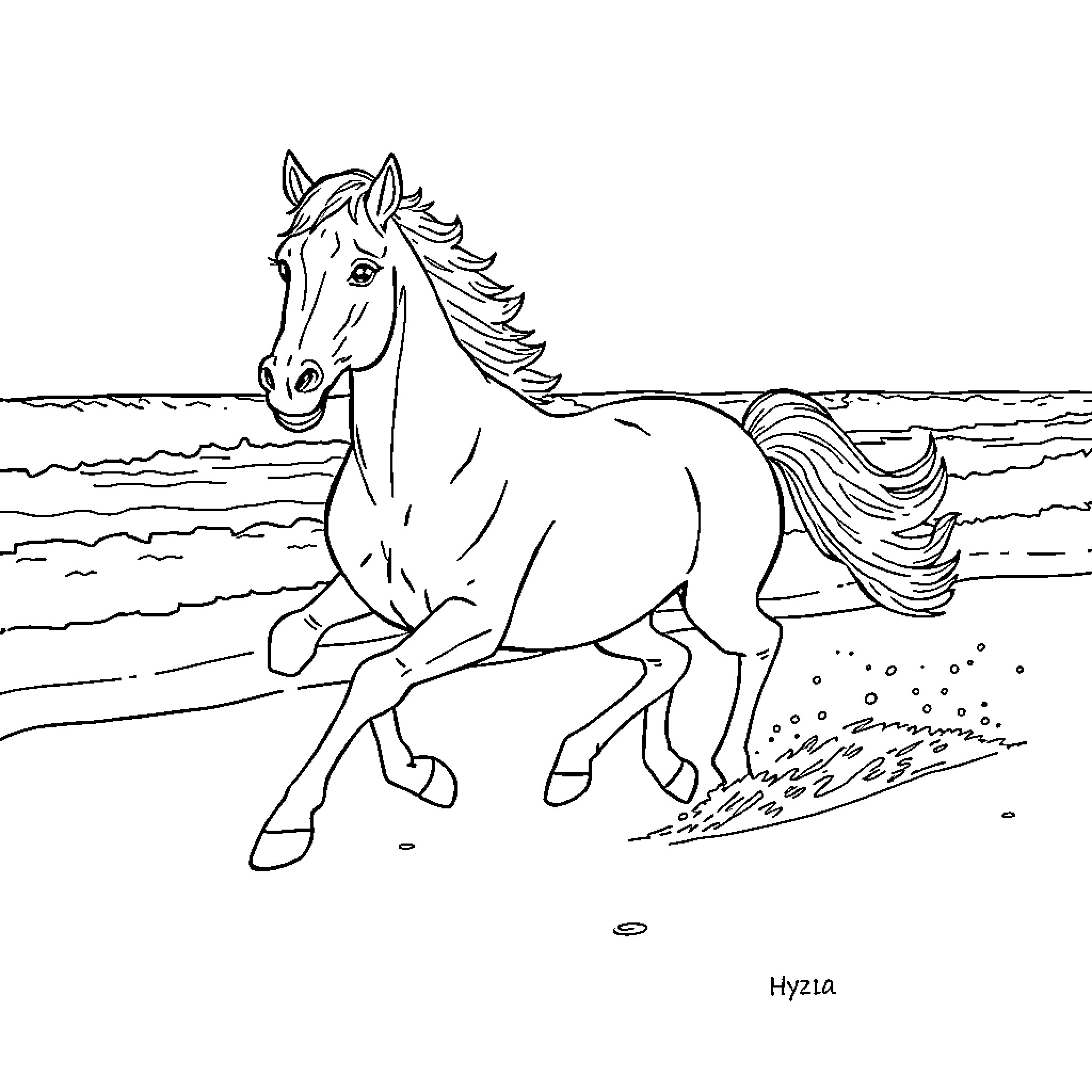 Horse galloping playfully along the beach Coloring Page (free black-and-white line drawing printable PDF for all, from beginners to advanced learners, including children, teens, adults, and seniors)