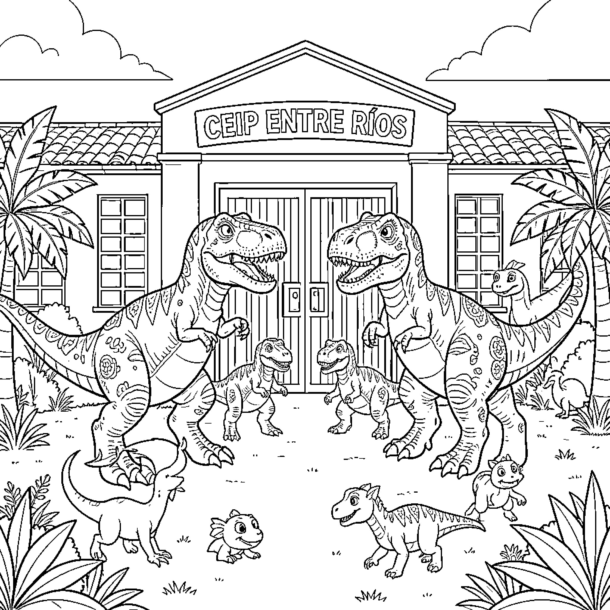 Dinosaurs playing and exploring at the CEIP Centre Rios Coloring Page (free black-and-white line drawing printable PDF for all, from beginners to advanced learners, including children, teens, adults, and seniors)