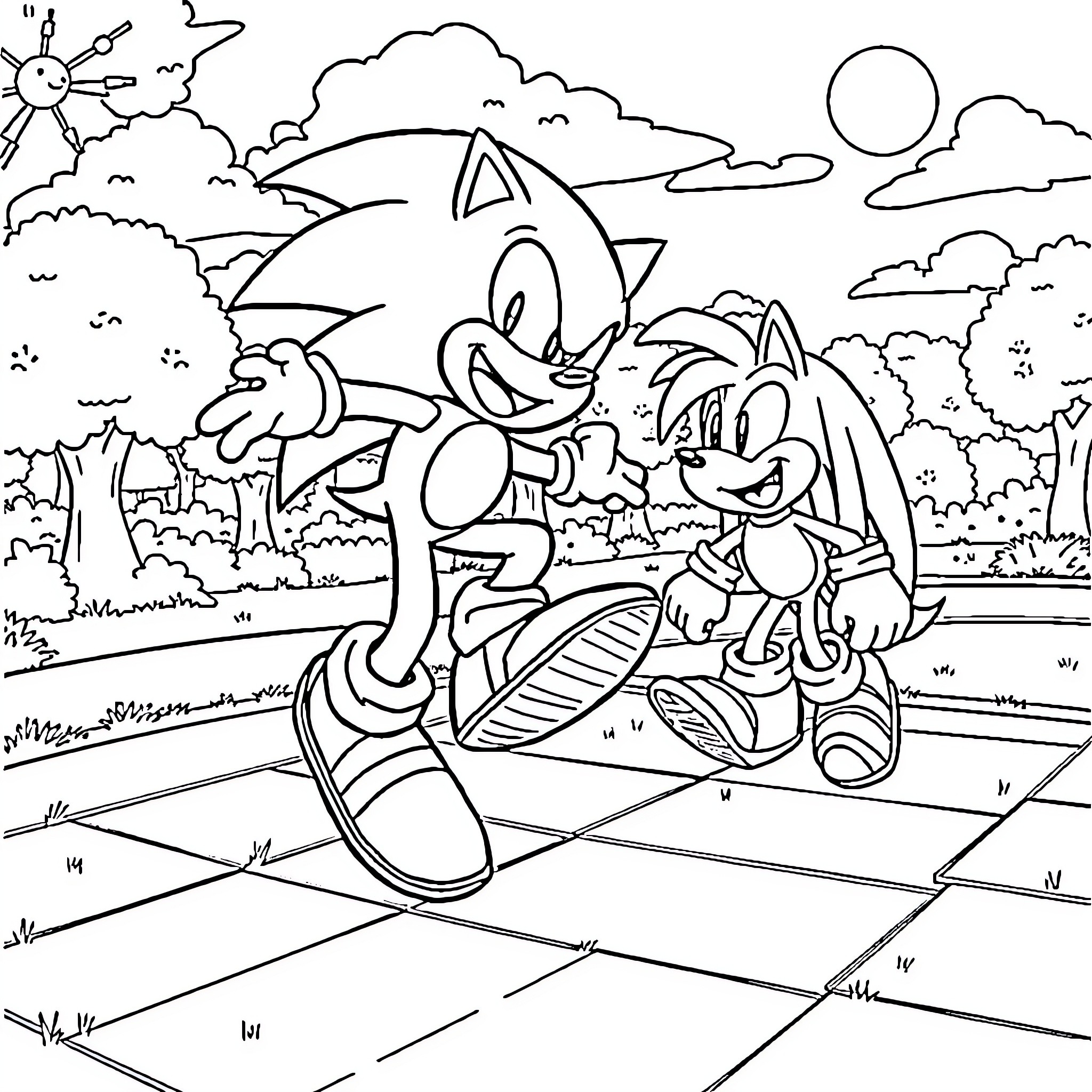 Sonic and Tails racing through the countryside Coloring Page (free black-and-white line drawing printable PDF for all, from beginners to advanced learners, including children, teens, adults, and seniors)