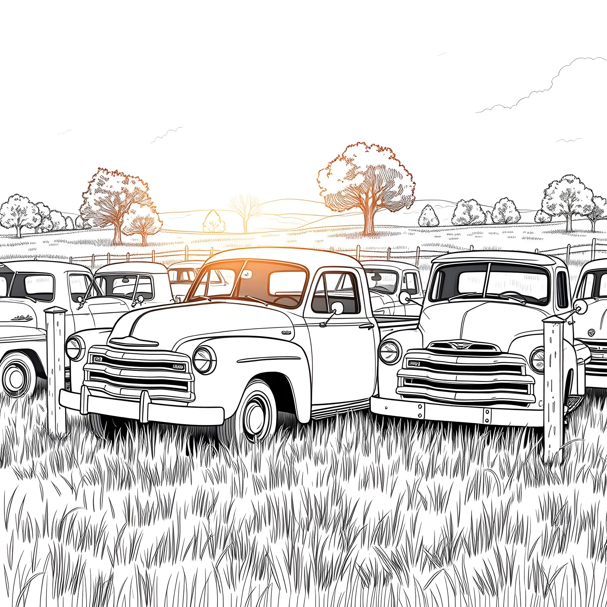 Pickup Trucks in a Rural Field Coloring Page (free black-and-white line drawing printable PDF for all, from beginners to advanced learners, including children, teens, adults, and seniors)