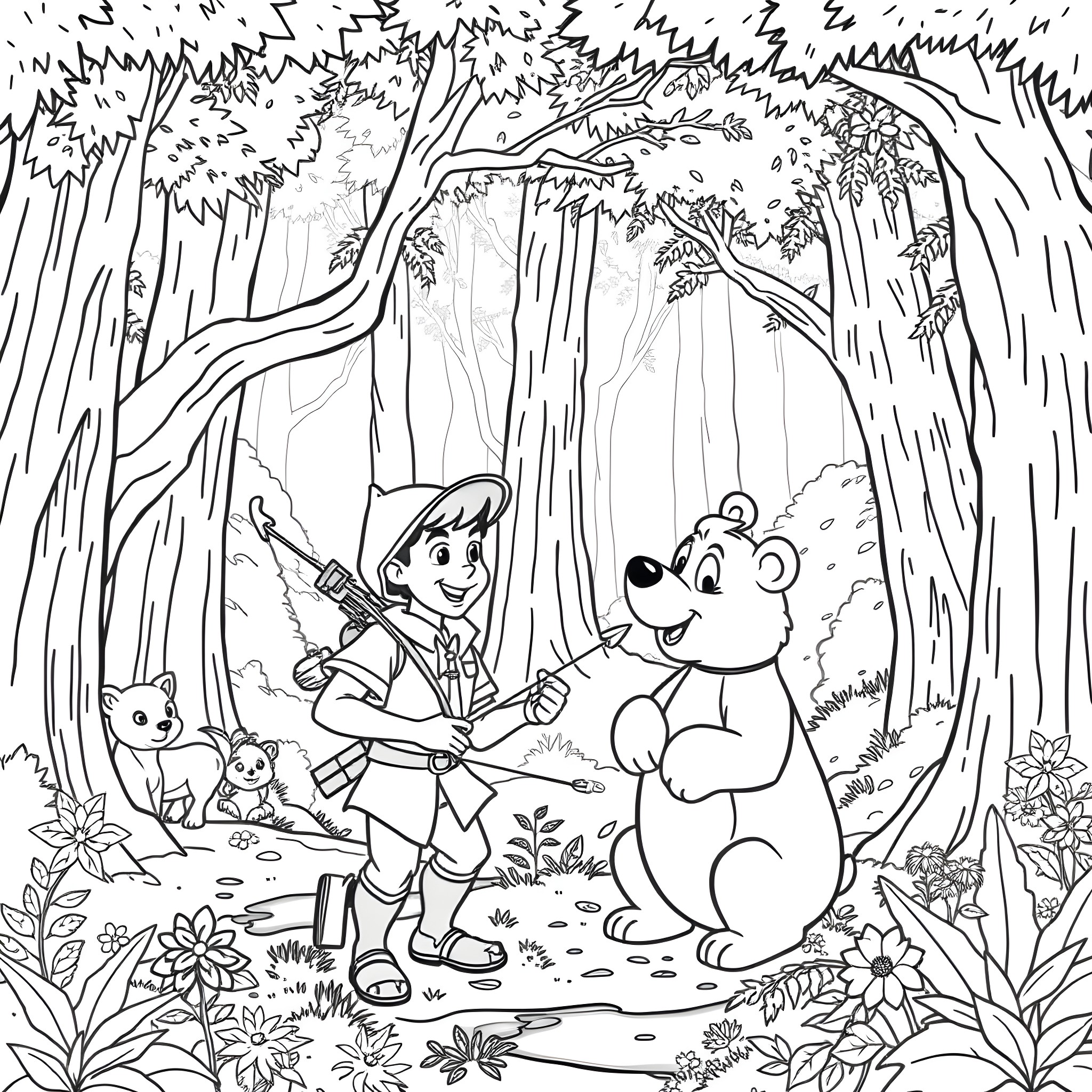 Robin Hood Embarking on an Adventure in the Enchanted Forest Coloring Page (free black-and-white line drawing printable PDF for all, from beginners to advanced learners, including children, teens, adults, and seniors)