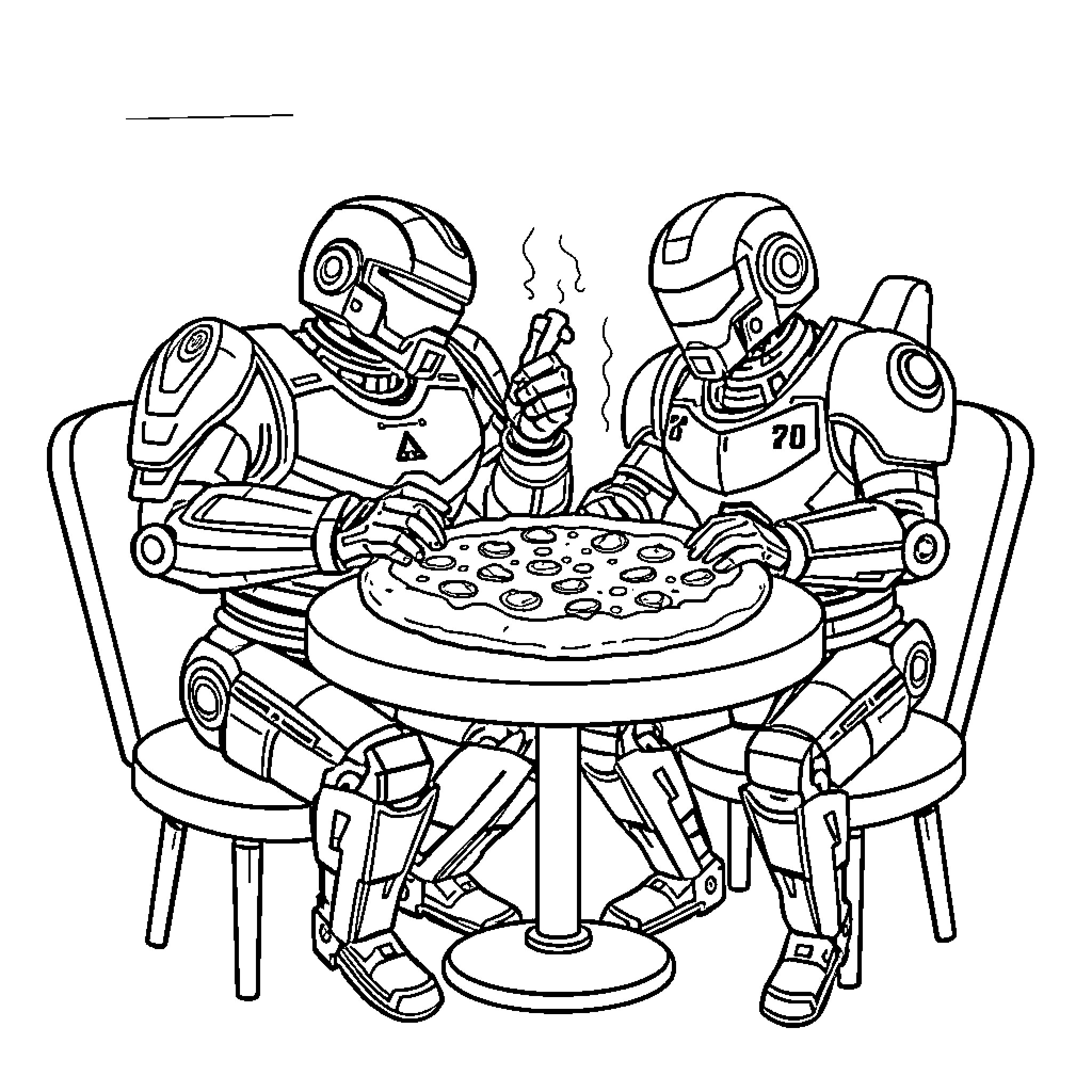 Robocops Enjoying a Pizza Break Coloring Page (free black-and-white line drawing printable PDF for all, from beginners to advanced learners, including children, teens, adults, and seniors)