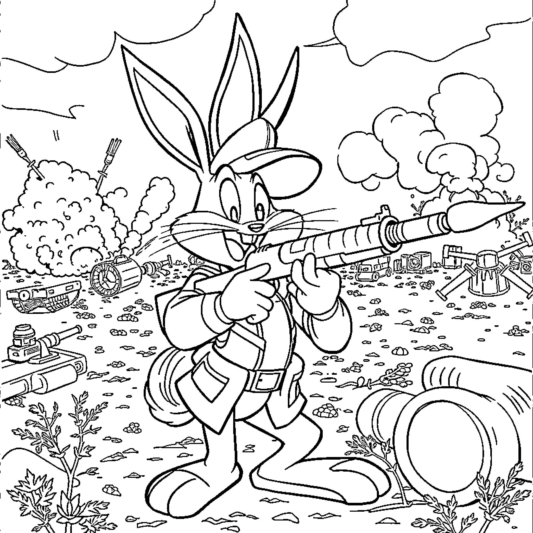 Bugs Bunny in a Wartime Battlefield Scenario Coloring Page (free black-and-white line drawing printable PDF for all, from beginners to advanced learners, including children, teens, adults, and seniors)