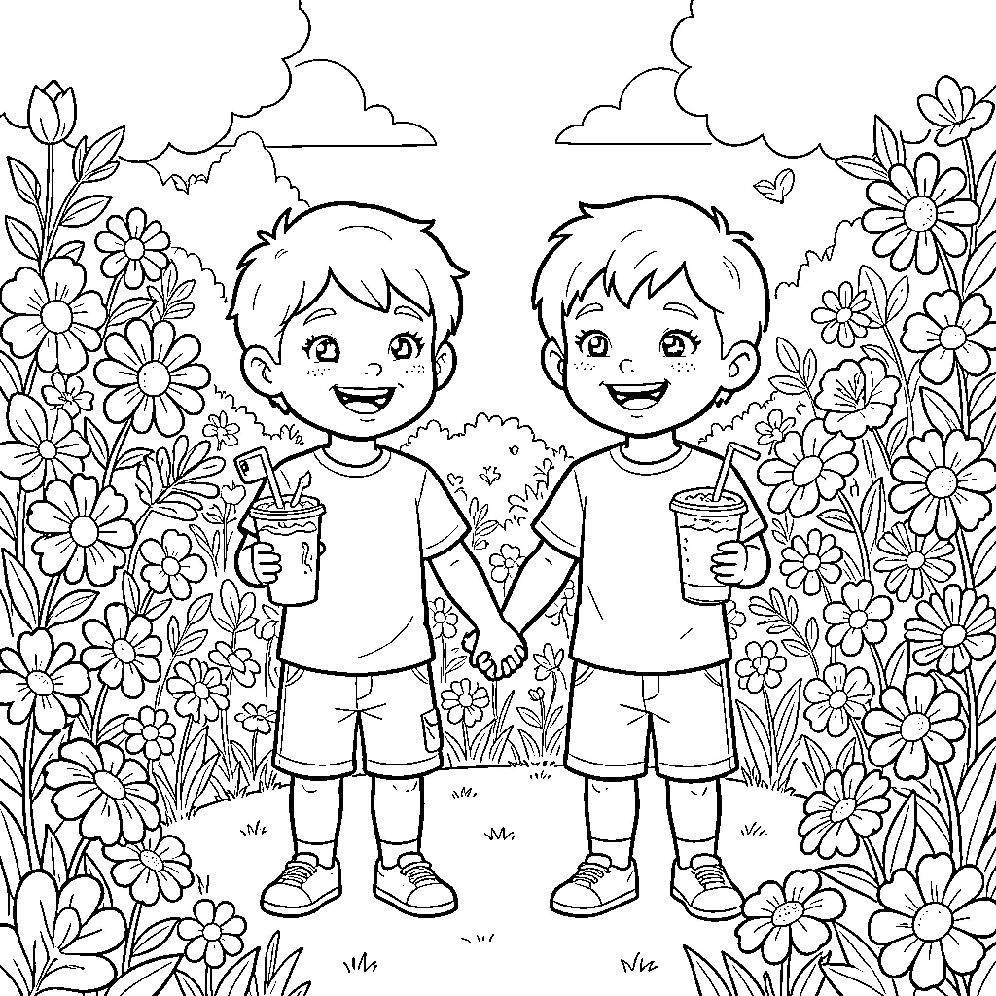 Niños enjoying a sunny day in the garden Coloring Page (free black-and-white line drawing printable PDF for all, from beginners to advanced learners, including children, teens, adults, and seniors)