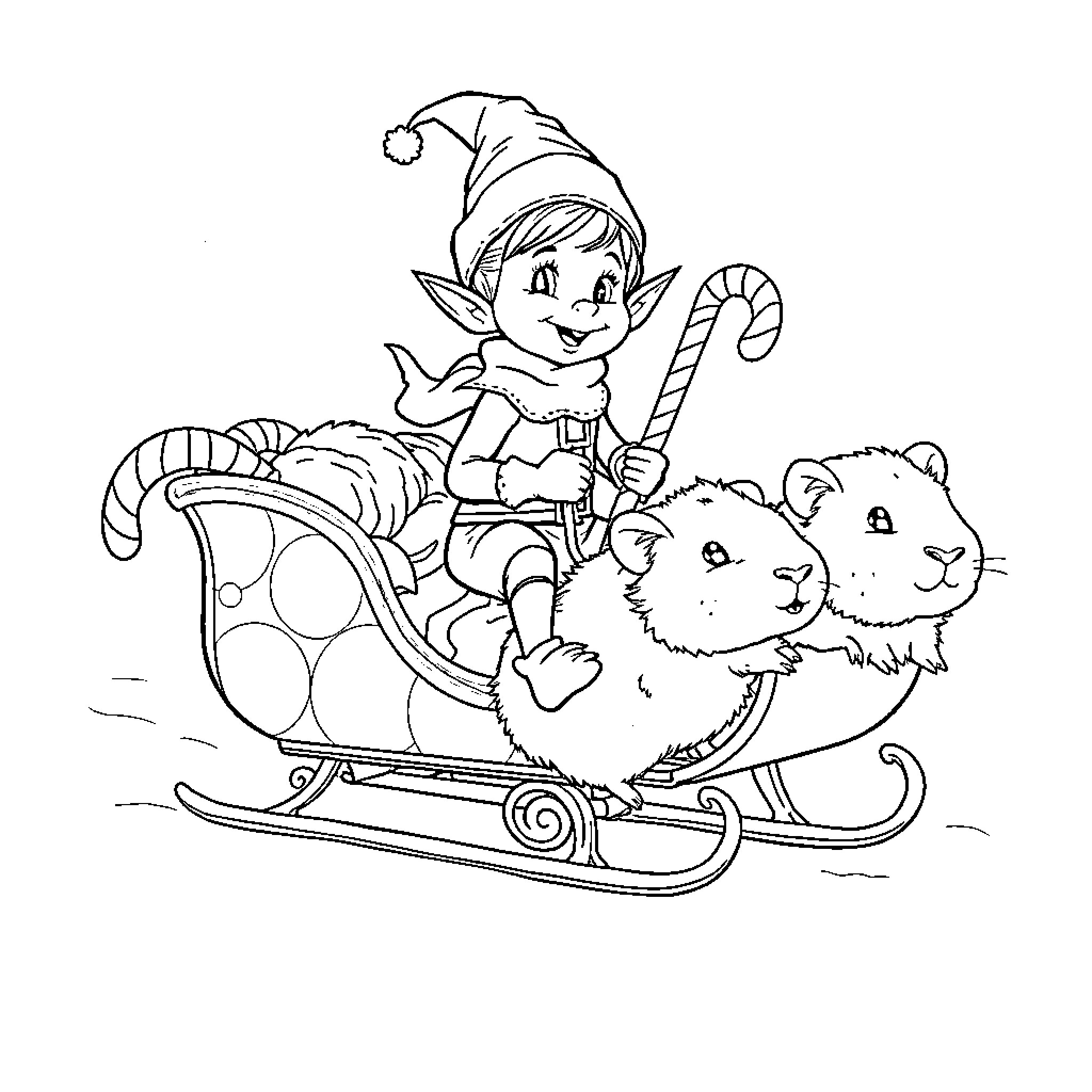 Elf riding a sleigh with cute animals Coloring Page (free black-and-white line drawing printable PDF for all, from beginners to advanced learners, including children, teens, adults, and seniors)