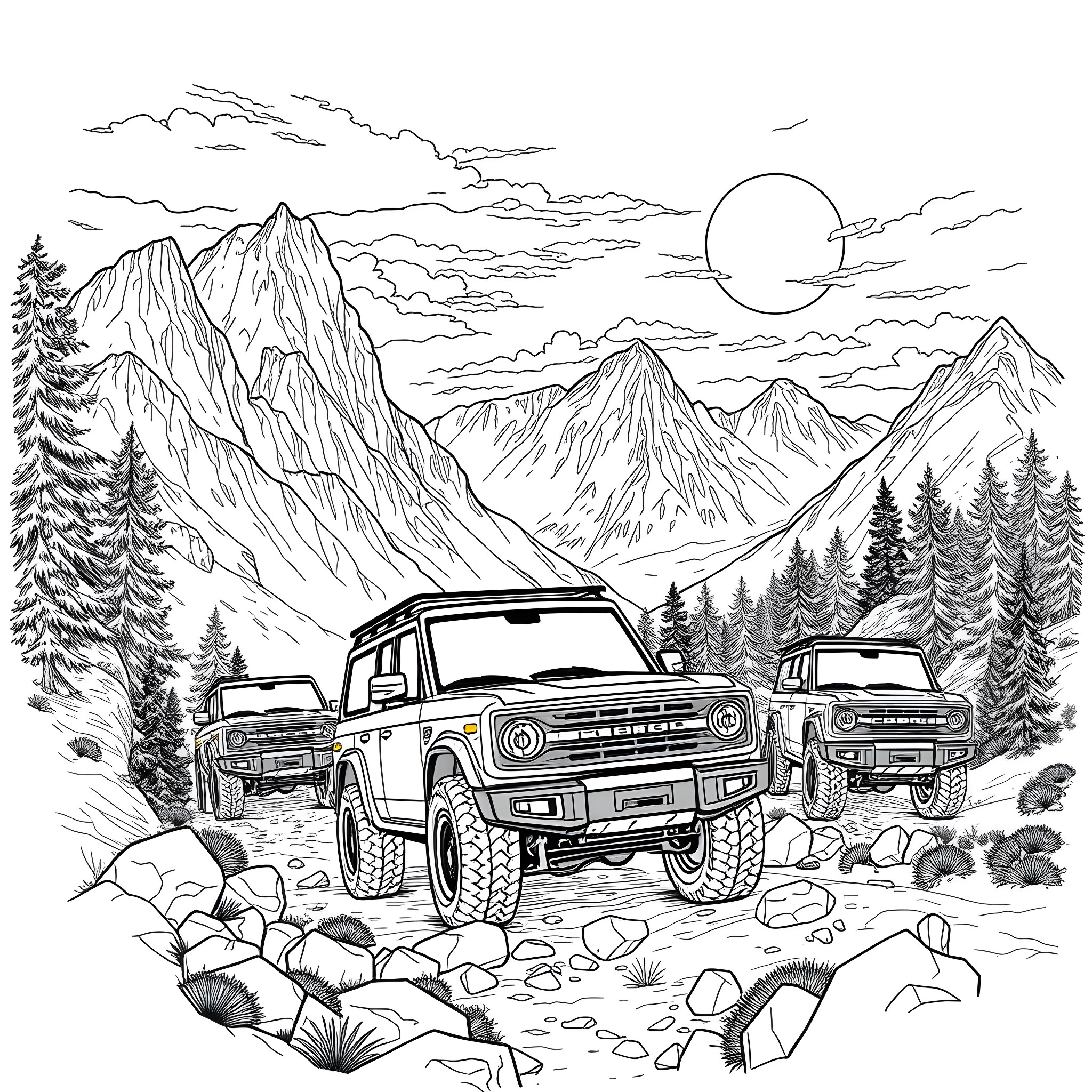 Ford Broncos Adventuring in the Rugged Mountains Coloring Page (free black-and-white line drawing printable PDF for all, from beginners to advanced learners, including children, teens, adults, and seniors)