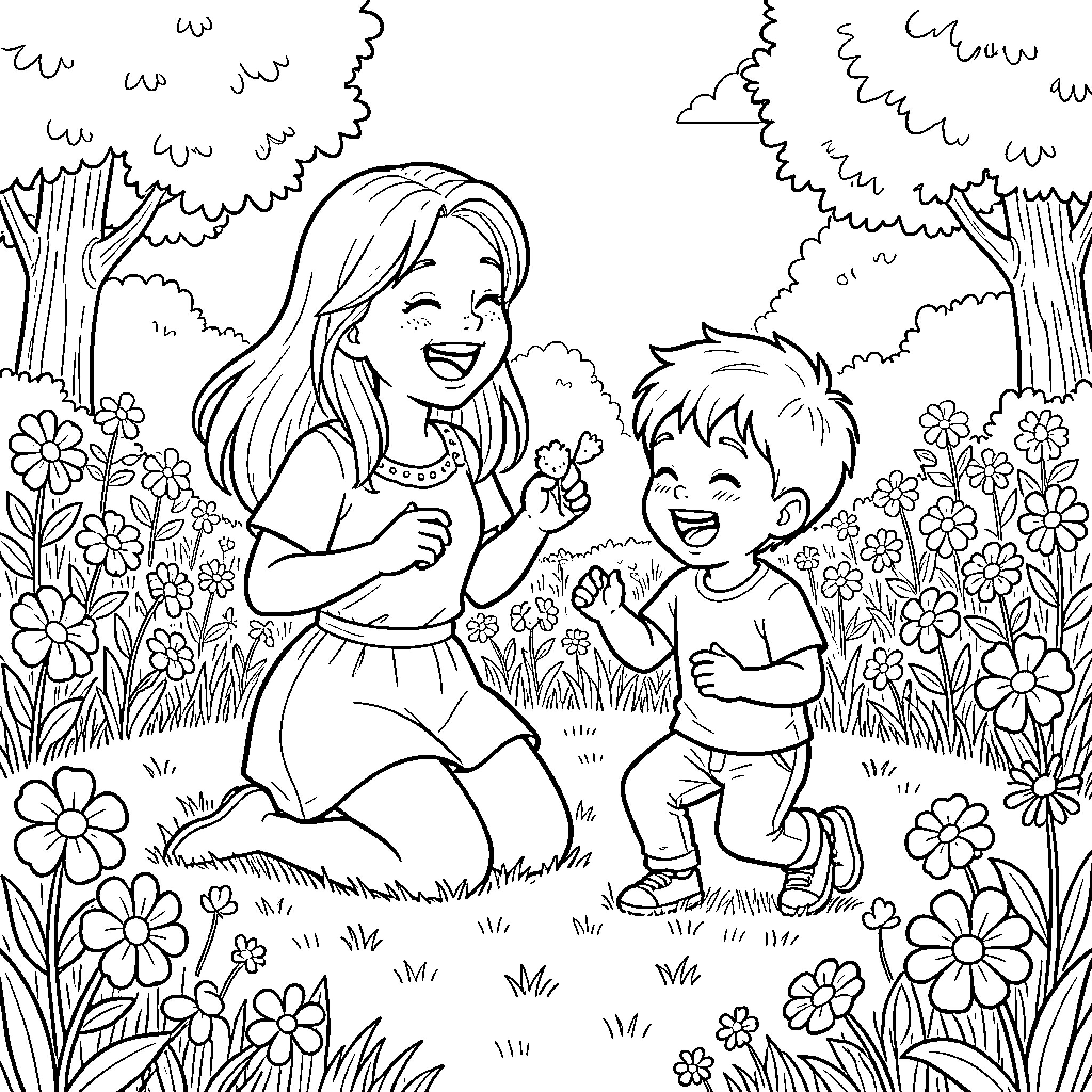 Siblings enjoying nature's wonders together Coloring Page (free black-and-white line drawing printable PDF for all, from beginners to advanced learners, including children, teens, adults, and seniors)