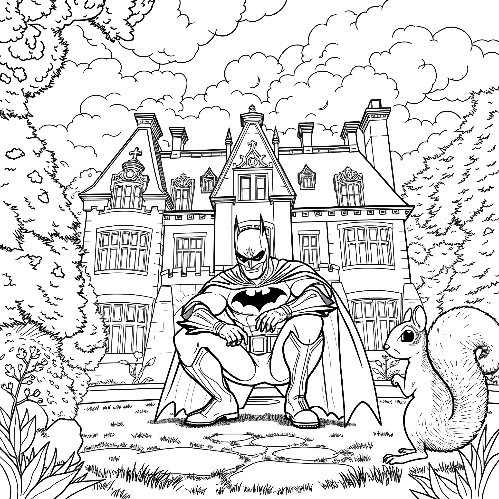 Batman Sitting Contemplatively in Front of a Majestic Manor Coloring Page (free black-and-white line drawing printable PDF for all, from beginners to advanced learners, including children, teens, adults, and seniors)