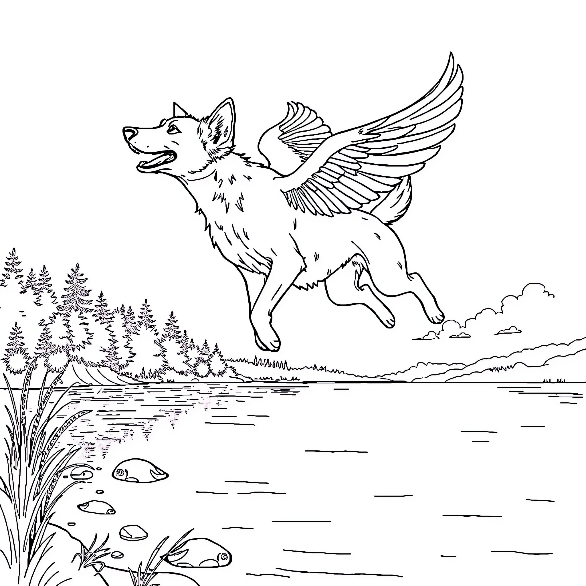 Dog flying over a tranquil lake Coloring Page (free black-and-white line drawing printable PDF for all, from beginners to advanced learners, including children, teens, adults, and seniors)
