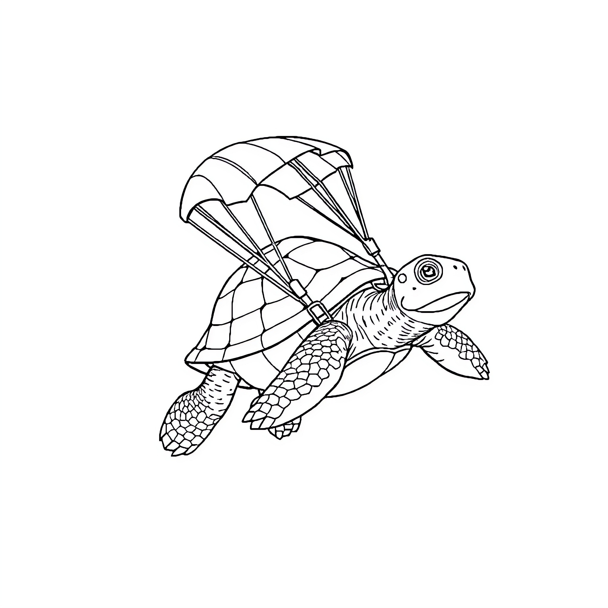Turtle gliding through the sky with parachute Coloring Page (free black-and-white line drawing printable PDF for all, from beginners to advanced learners, including children, teens, adults, and seniors)