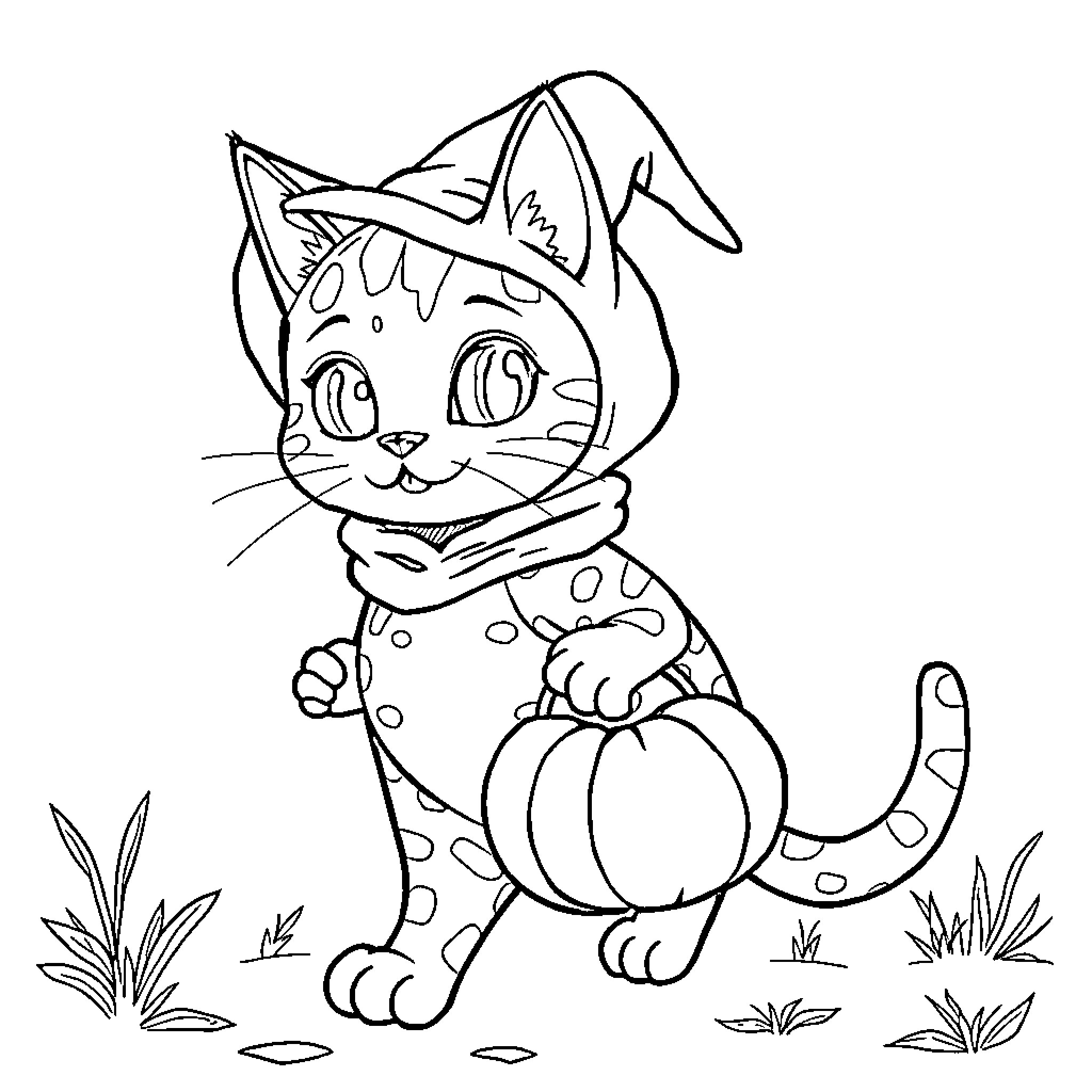 Tortoise Shell Cat Playing with Pumpkin Coloring Page (free black-and-white line drawing printable PDF for all, from beginners to advanced learners, including children, teens, adults, and seniors)