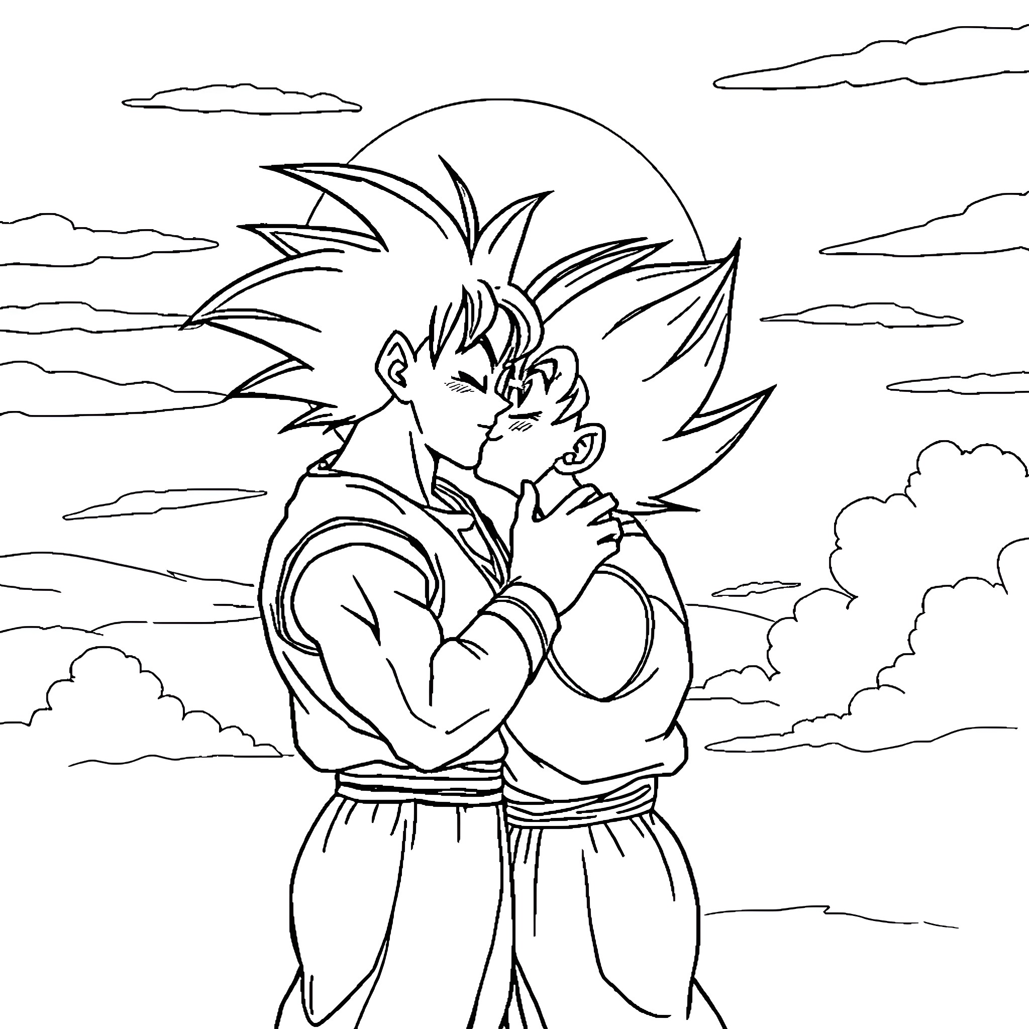 Goku and Vegeta in fierce combat under the moon Coloring Page (free black-and-white line drawing printable PDF for all, from beginners to advanced learners, including children, teens, adults, and seniors)