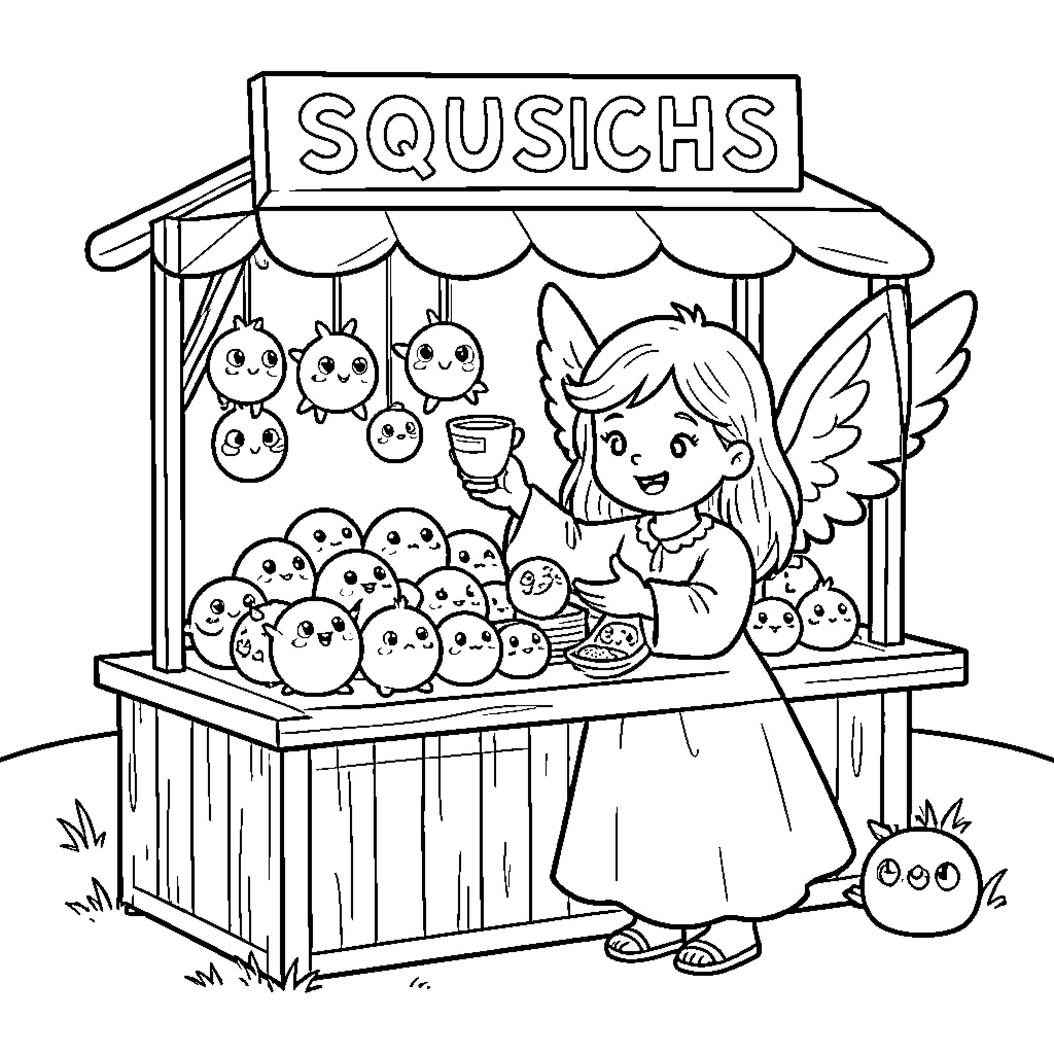 Angel selling cute round creatures at a market stall Coloring Page (free black-and-white line drawing printable PDF for all, from beginners to advanced learners, including children, teens, adults, and seniors)