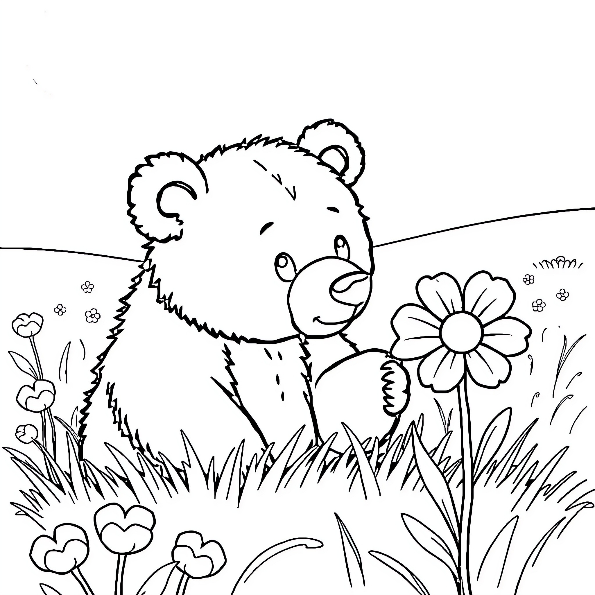 Bear enjoying flowers in the meadow Coloring Page (free black-and-white line drawing printable PDF for all, from beginners to advanced learners, including children, teens, adults, and seniors)