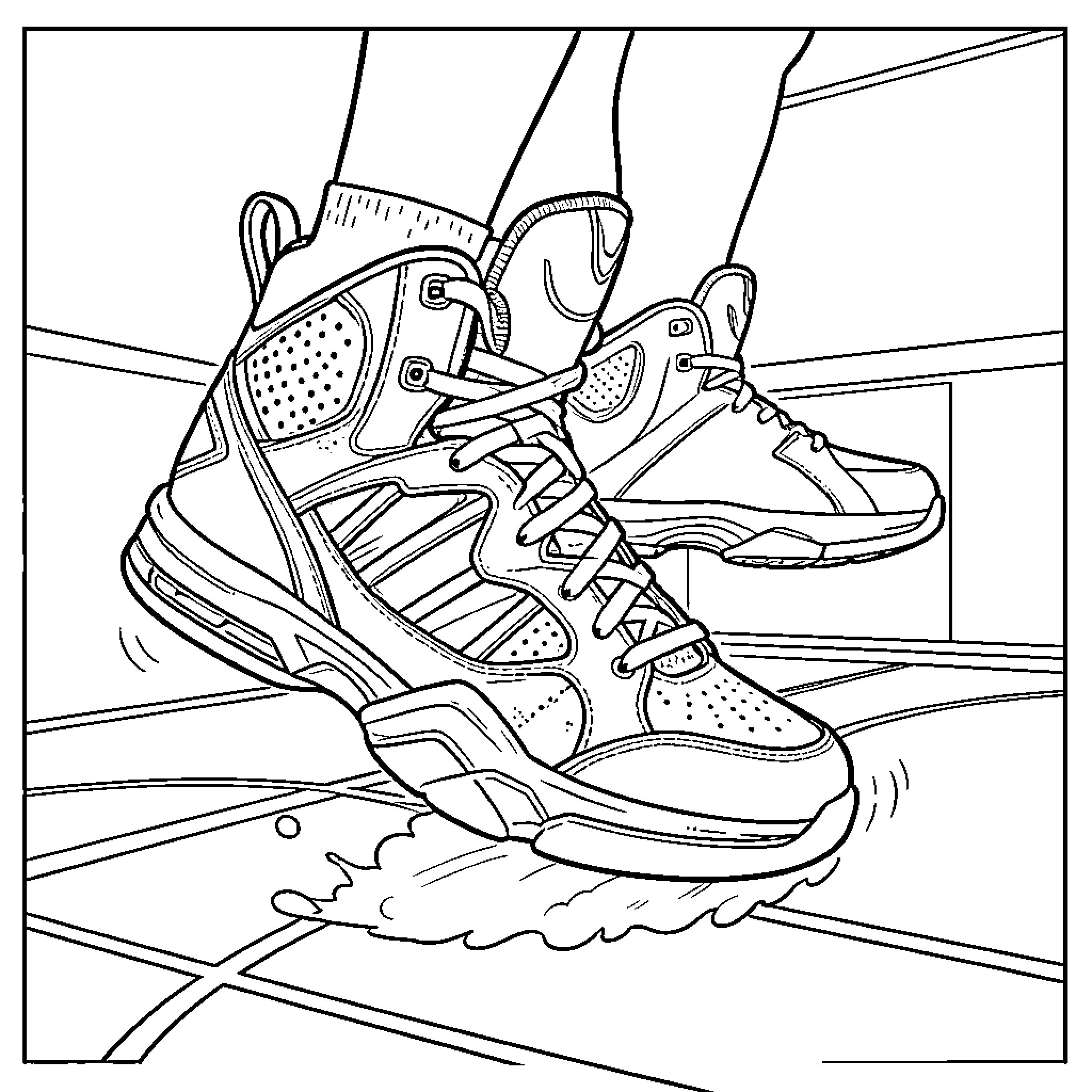 Basketball Shoe worn by player performing a quick move Coloring Page (free black-and-white line drawing printable PDF for all, from beginners to advanced learners, including children, teens, adults, and seniors)