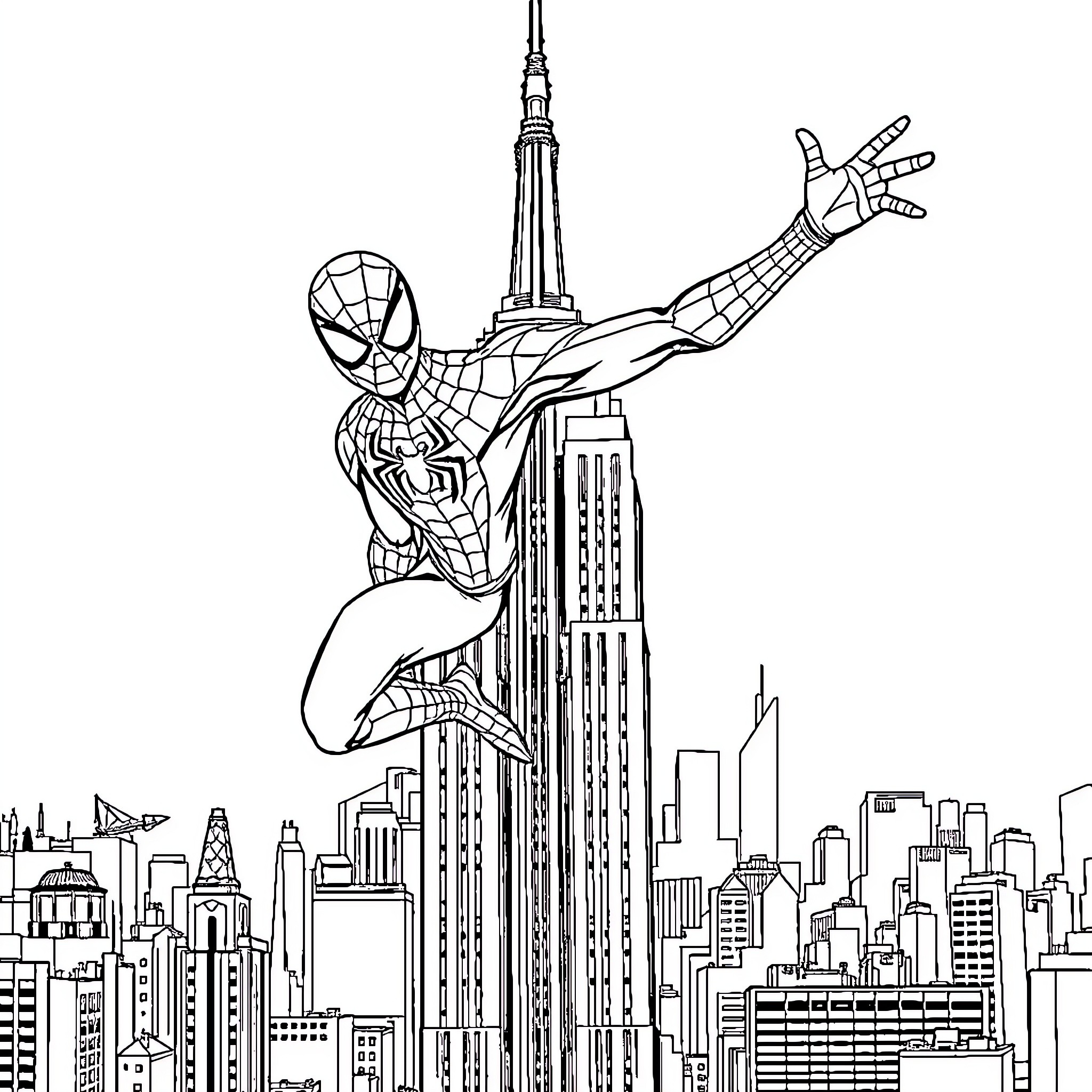Spider-Man scaling Empire State Building in the city Coloring Page (free black-and-white line drawing printable PDF for all, from beginners to advanced learners, including children, teens, adults, and seniors)
